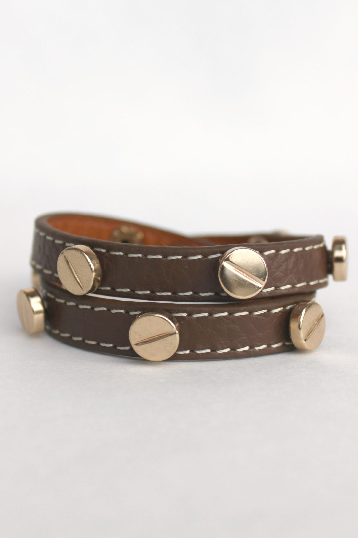 Gold Stud Leather Wrap Bracelet, Brown