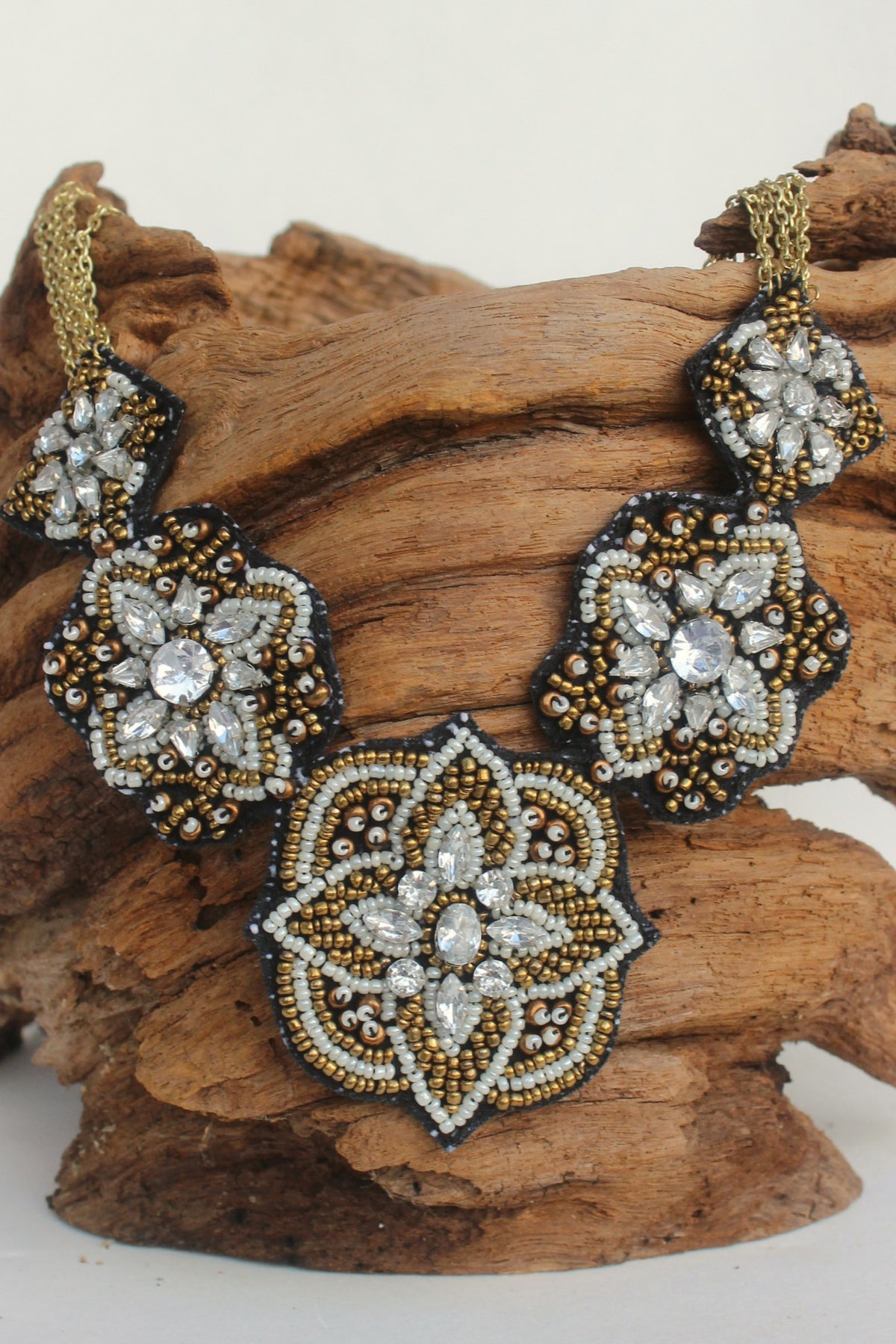 Embroidered Beaded Bib Necklace, Black