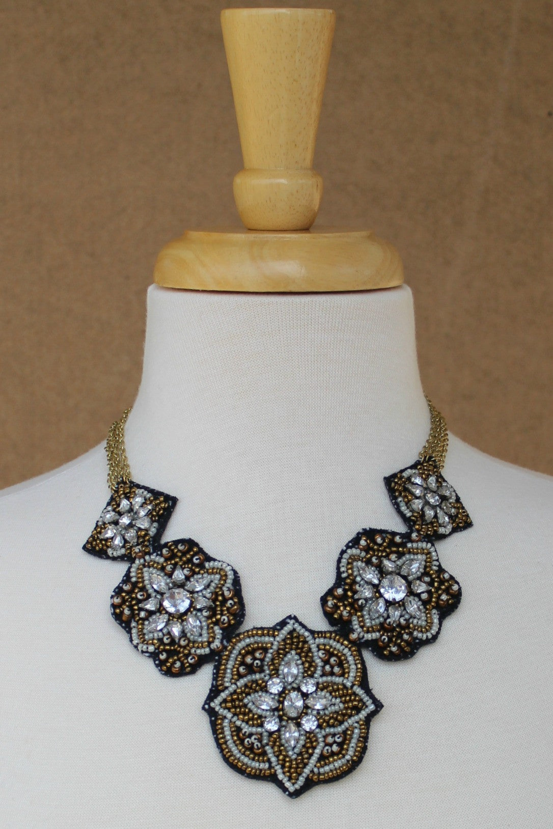 Embroidered Beaded Bib Necklace, Black