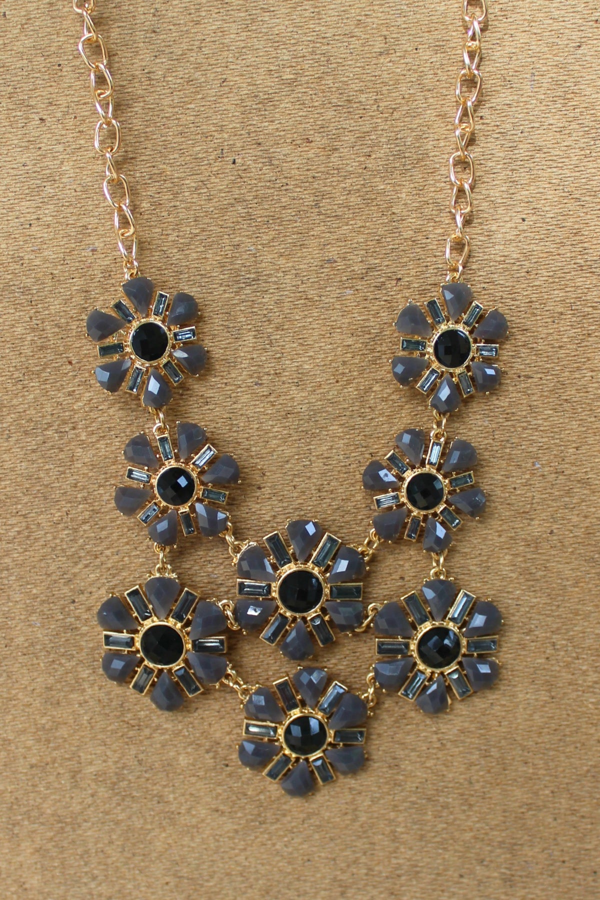 Flower Bib Necklace, Gray