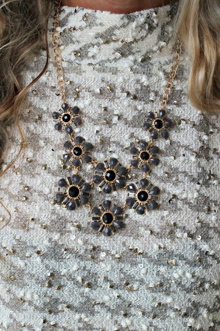 Flower Bib Necklace, Gray
