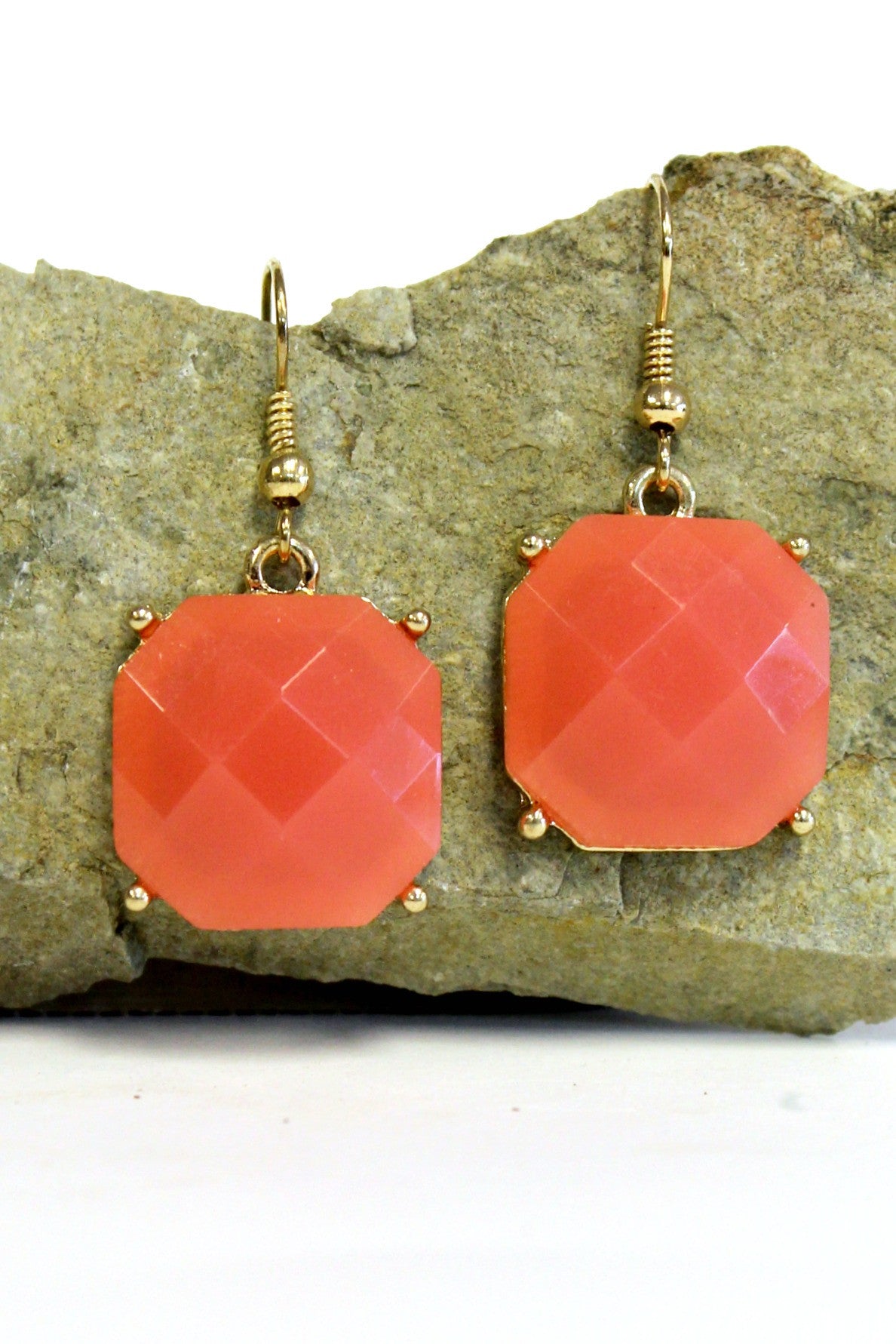 Octagon Earrings, Deep Coral