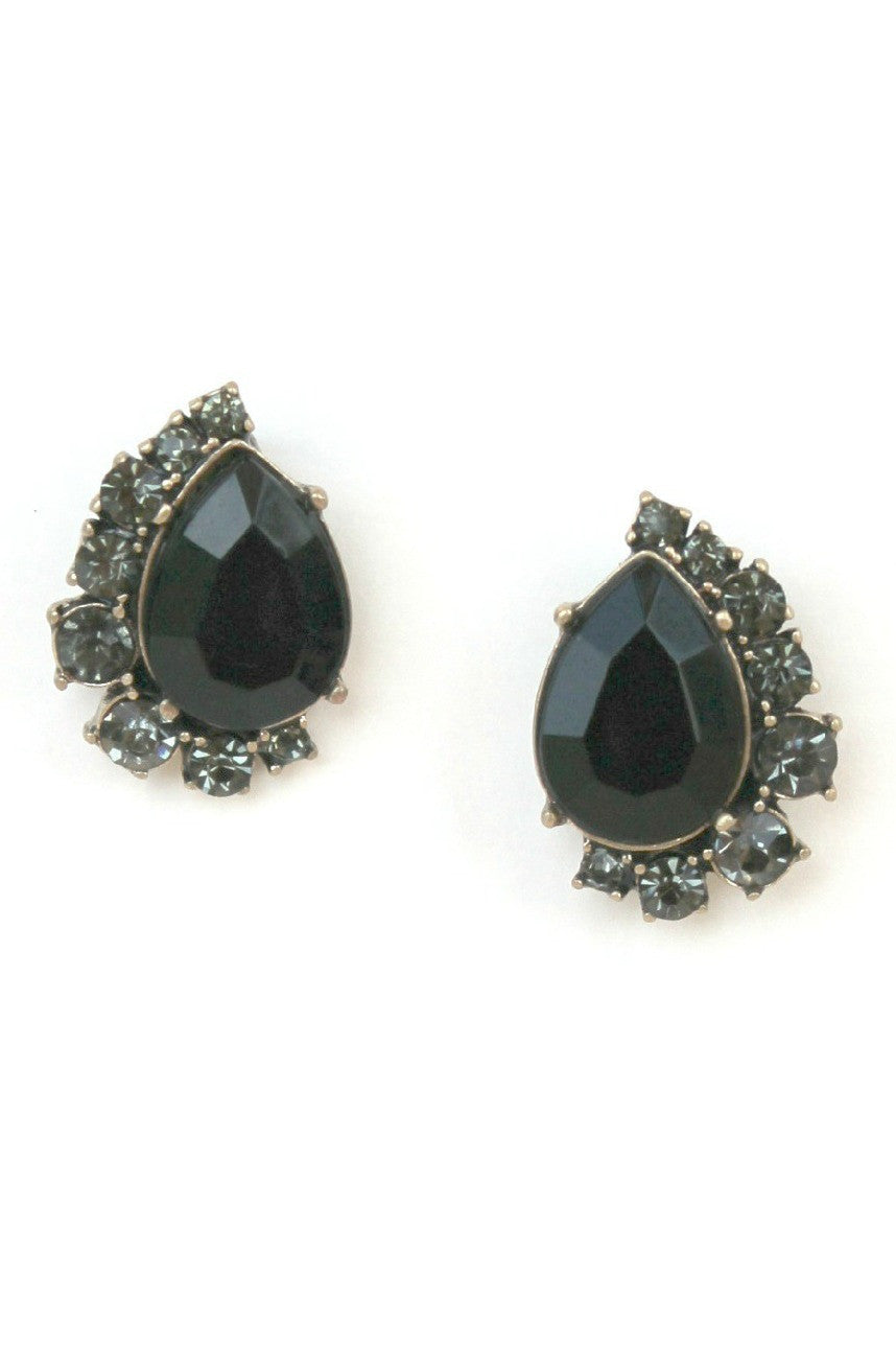 Teardrop Onyx with Half Crystal Earrings, Black