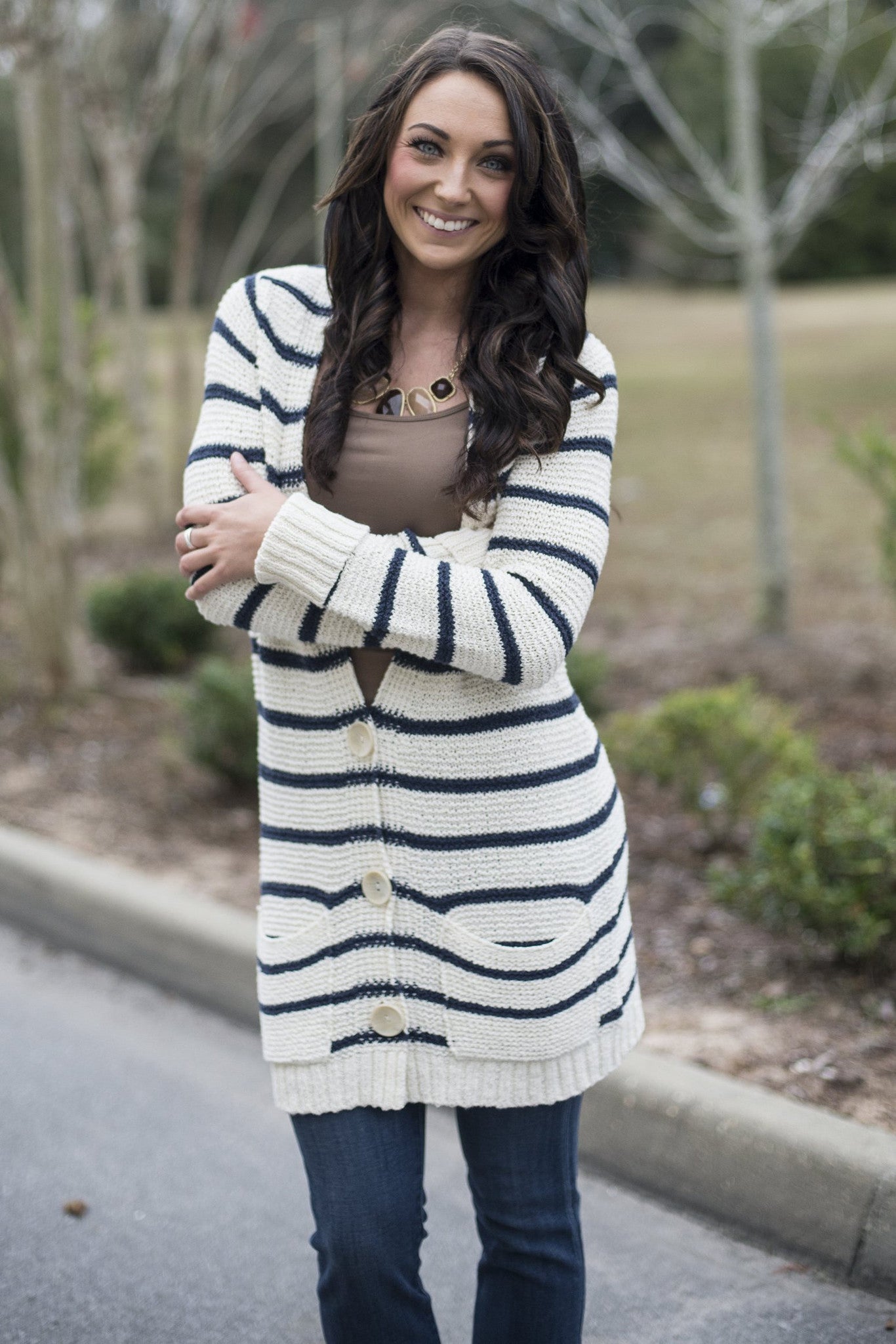 Free People: Amy Cardigan, Ivory/Navy