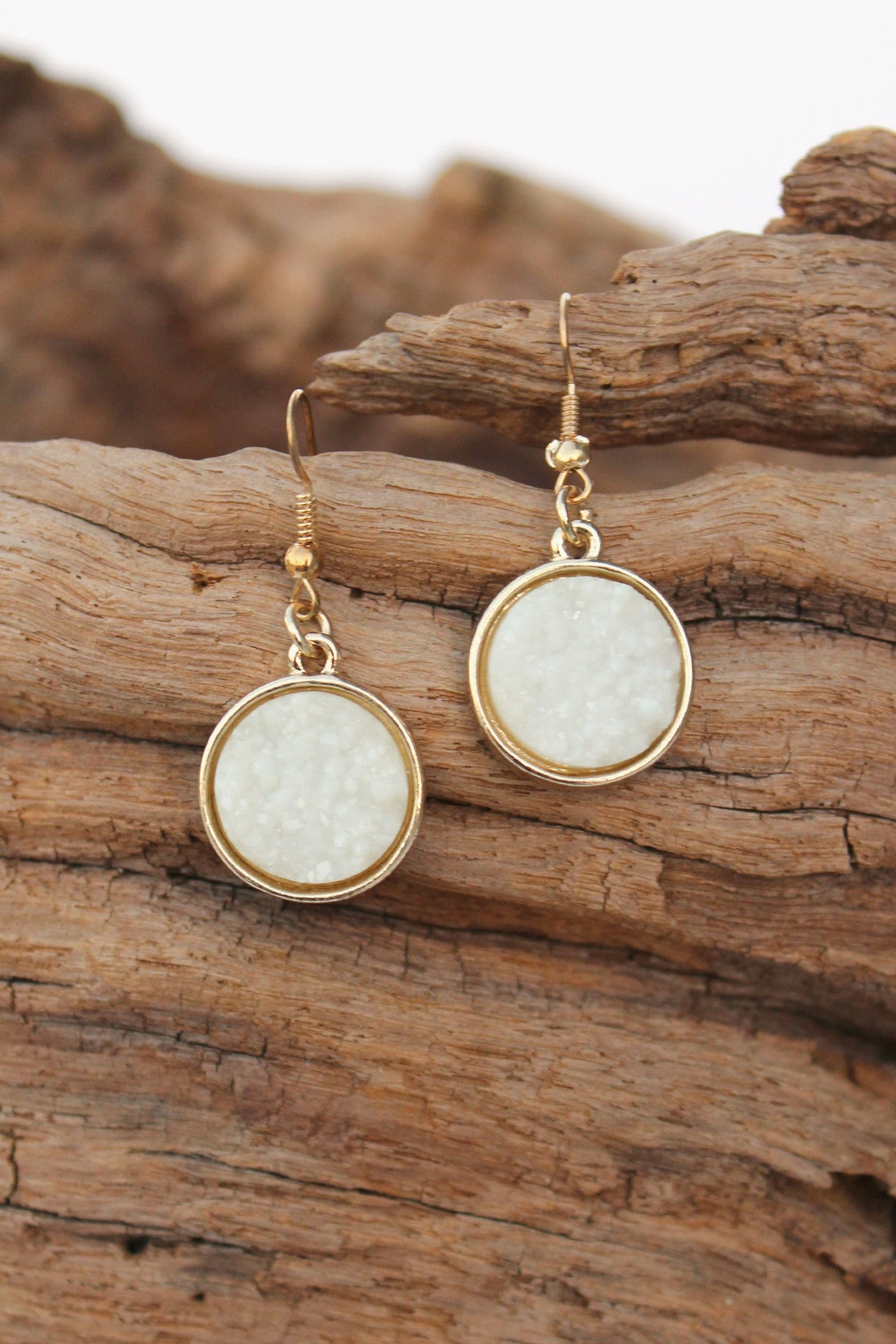 Round Druzy Earrings, White