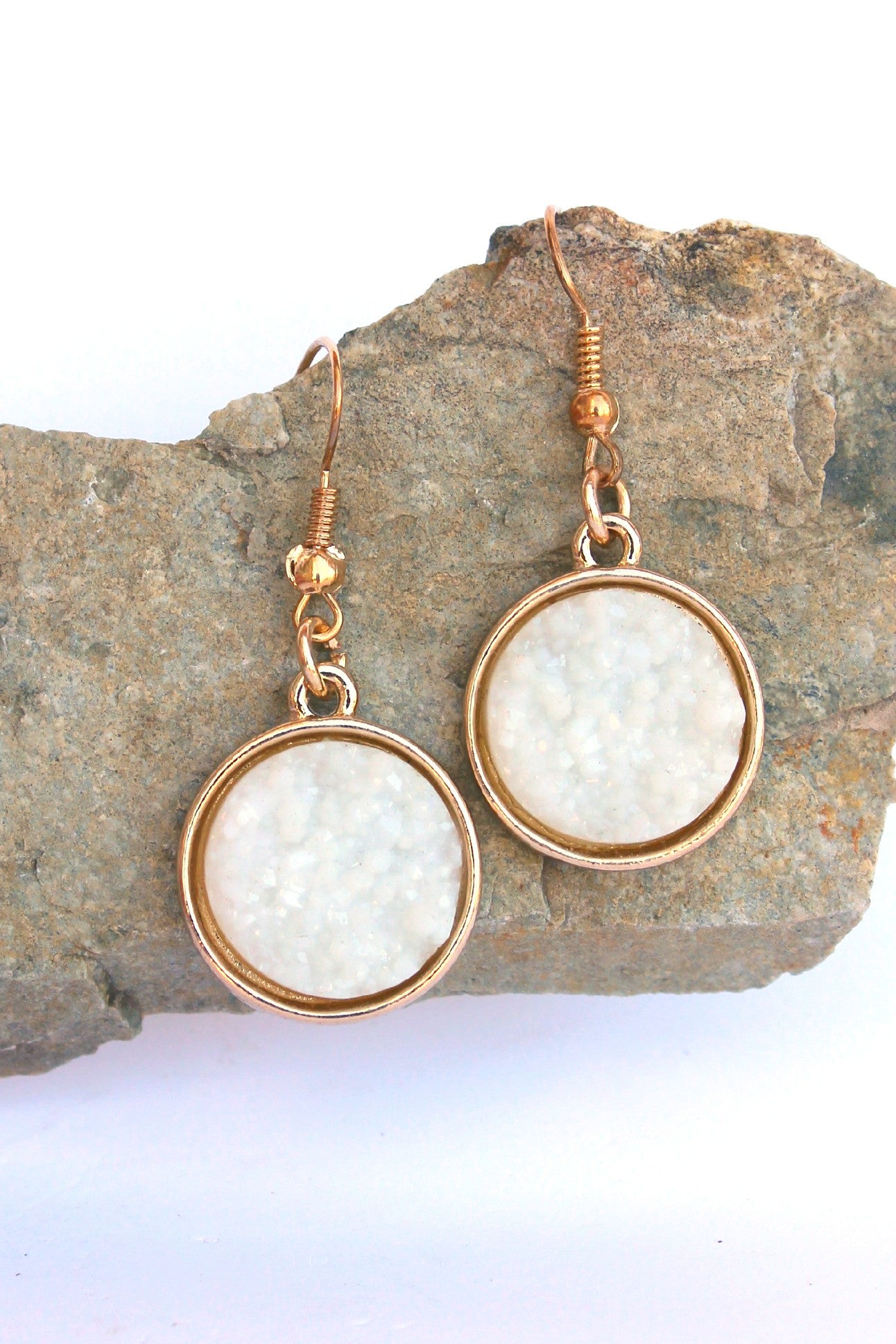 Round Druzy Earrings, White
