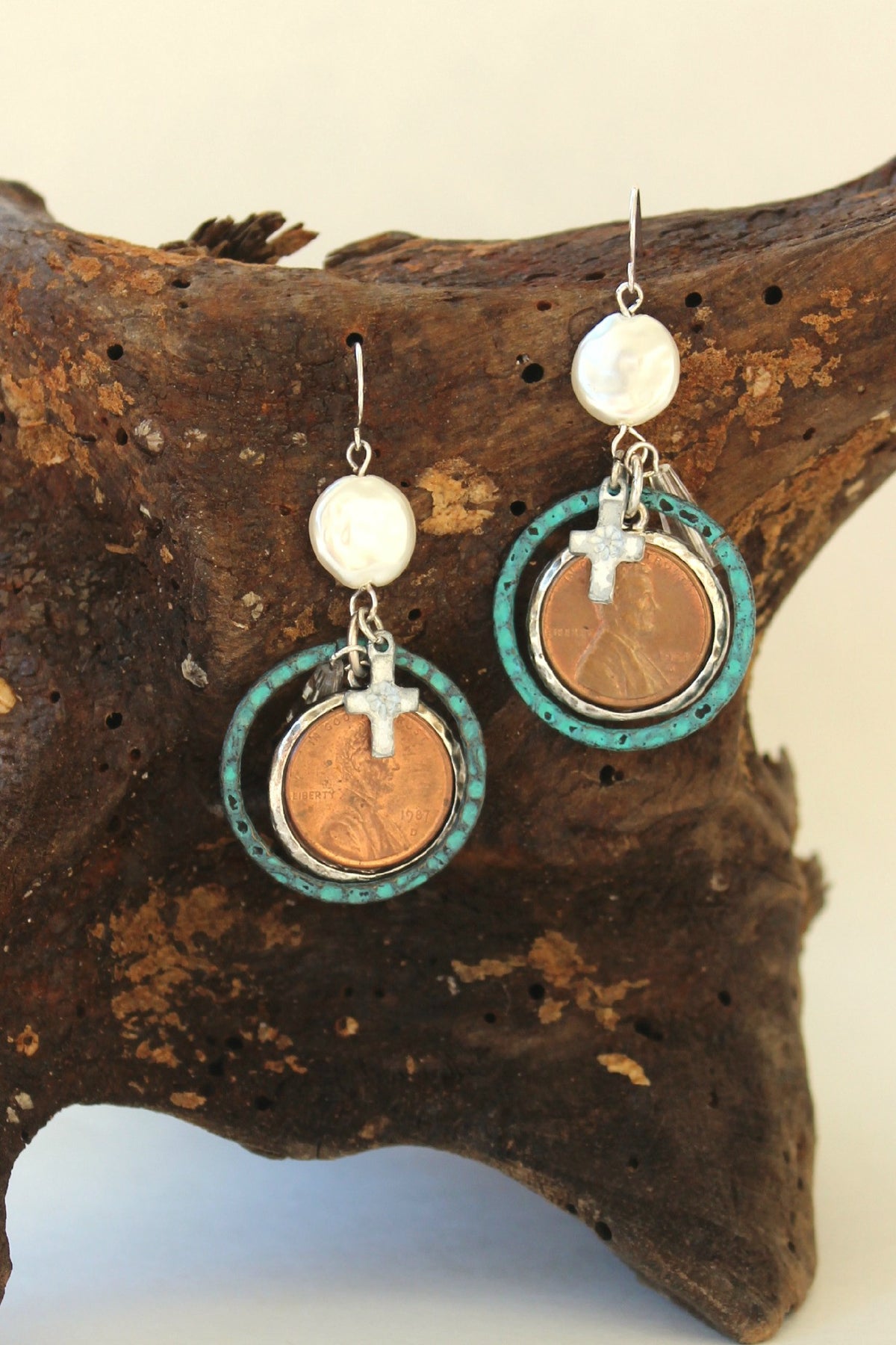 Coin and Cross Earrings, Turquoise