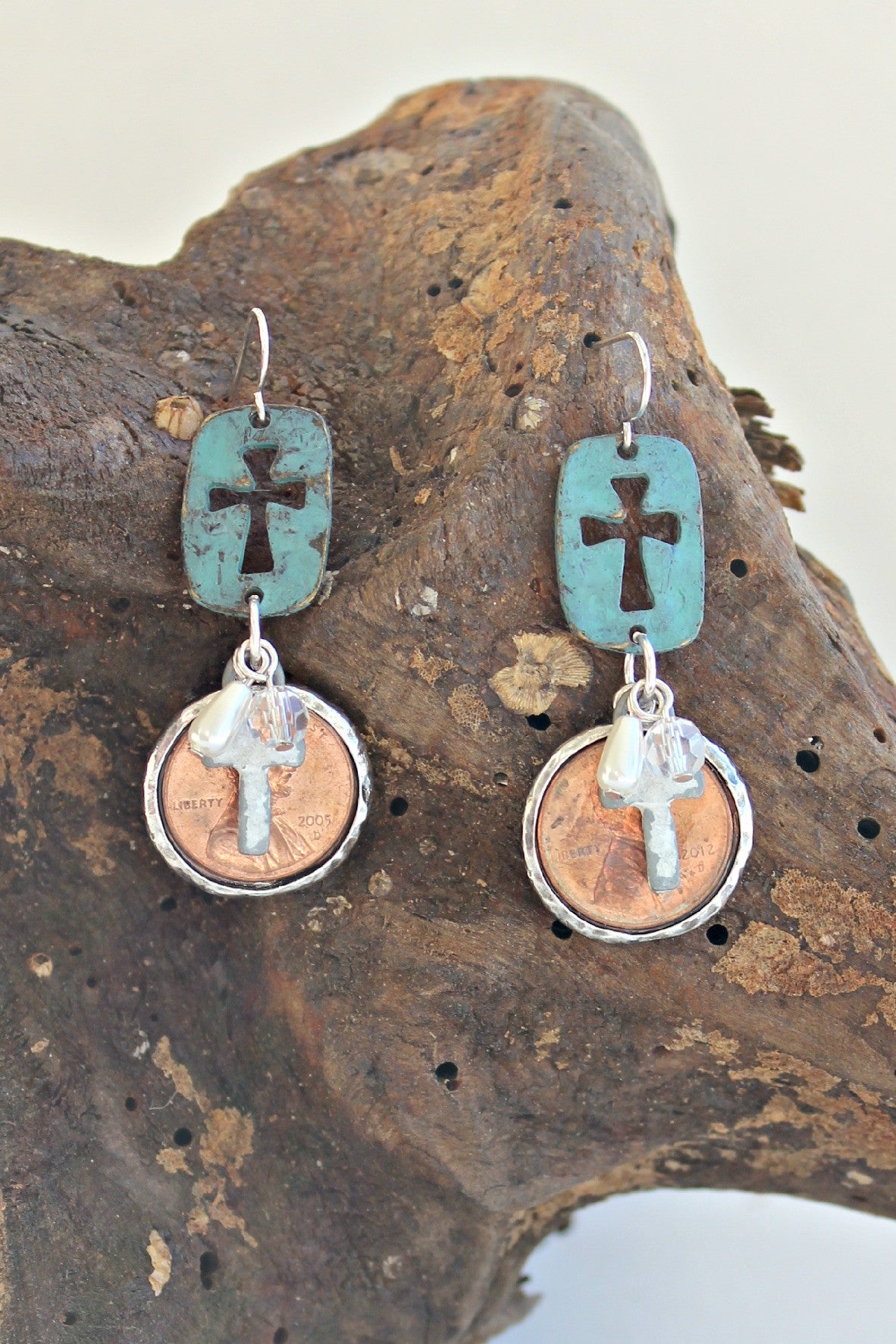 Coin and Cutout Cross Earrings, Turquoise