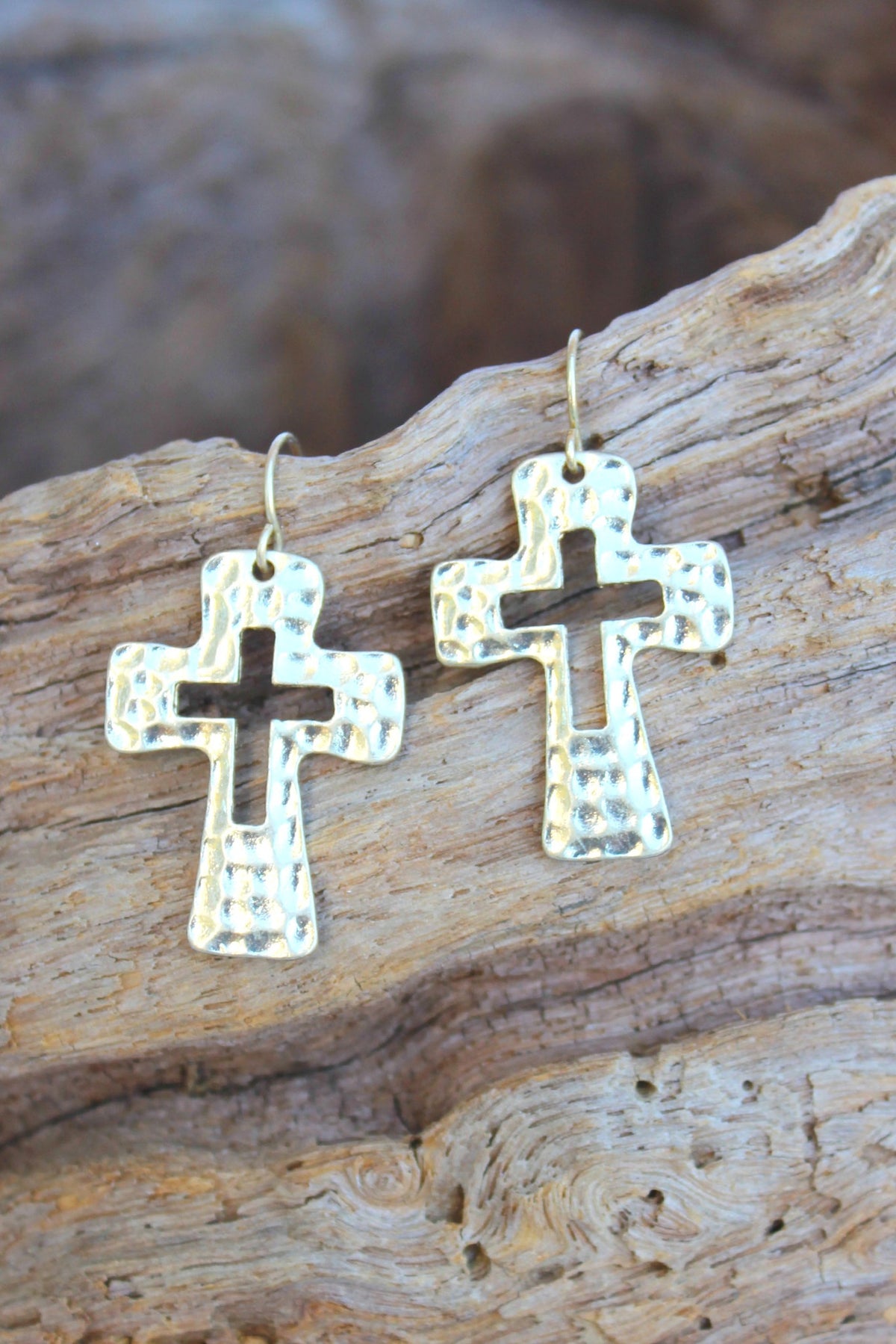 Hammered Metal Cross Earrings, Gold