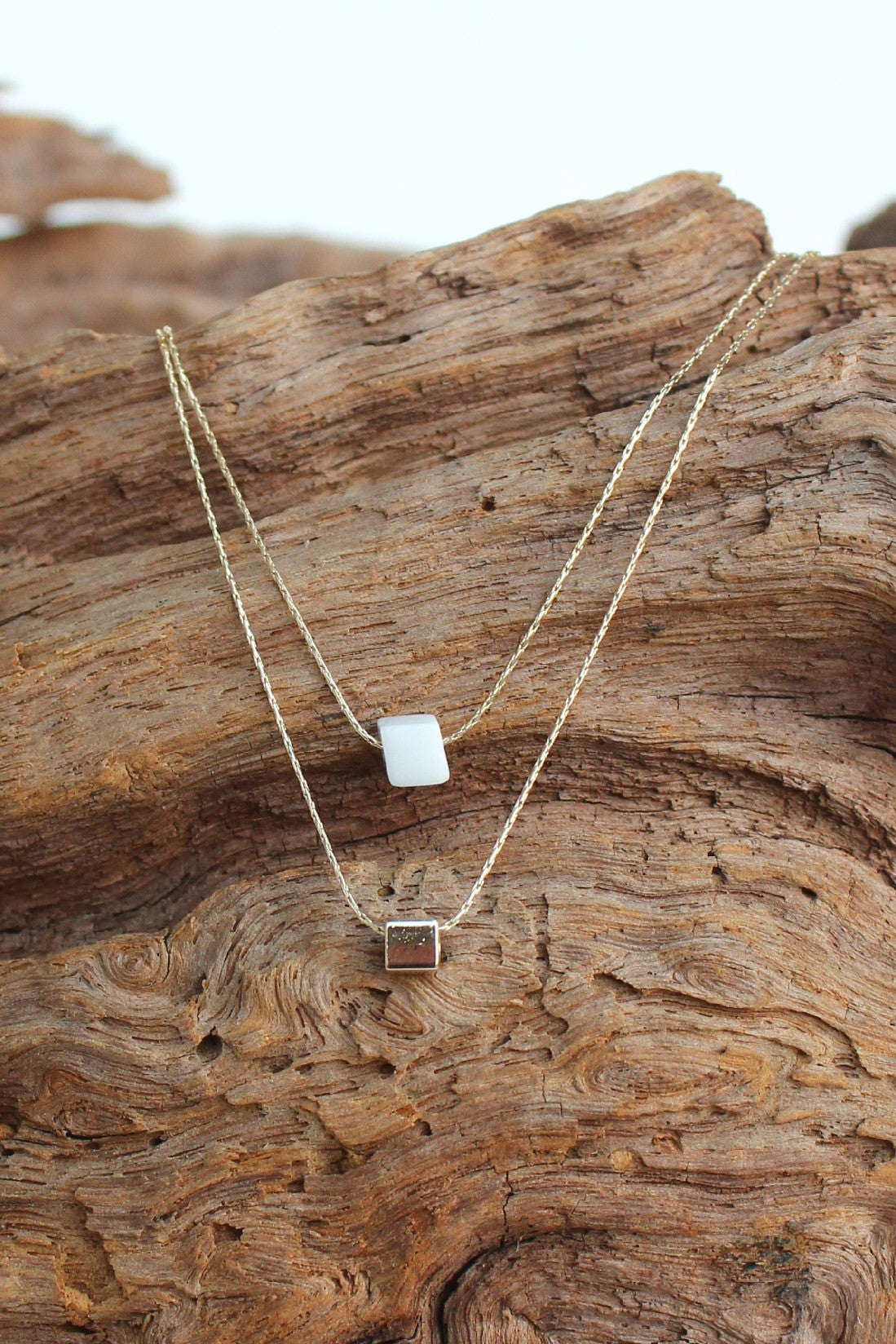 Layered Two Row Cube Necklace, White
