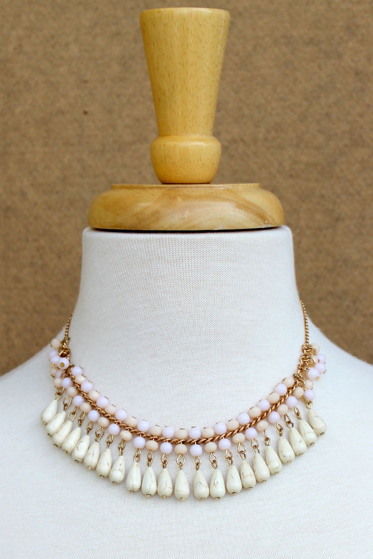 Double Beaded Necklace with Teardrops, Beige
