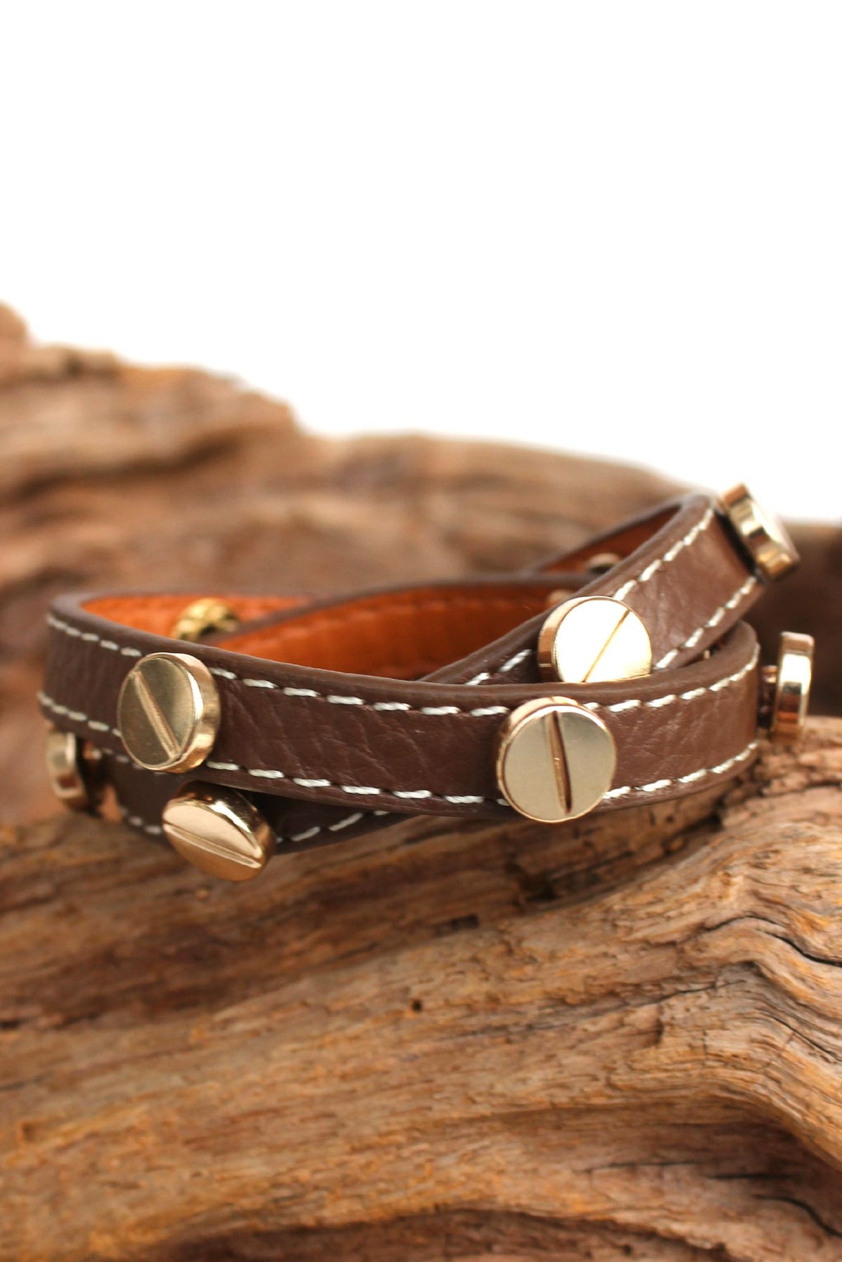 Gold Stud Leather Wrap Bracelet, Brown