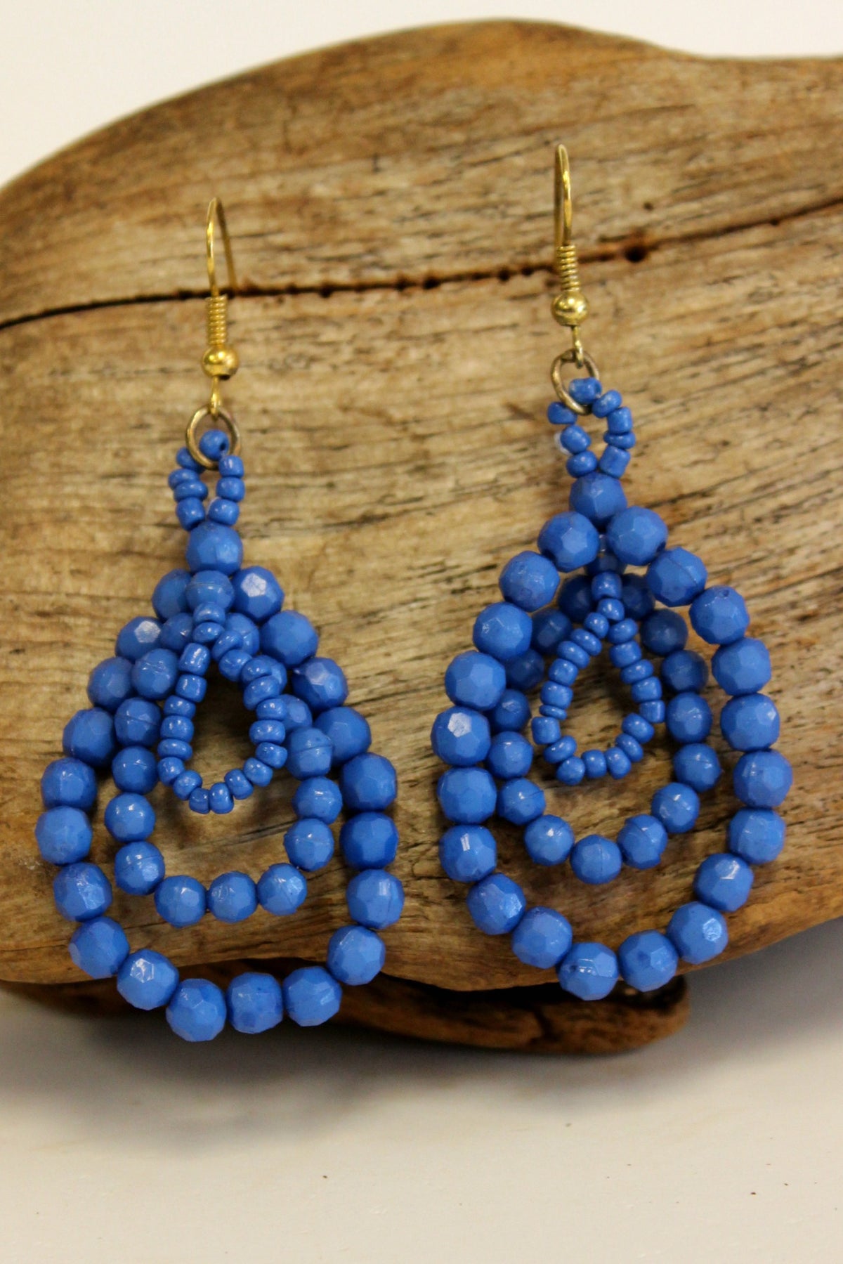 Triple Beaded Teardrop Earrings, Blue