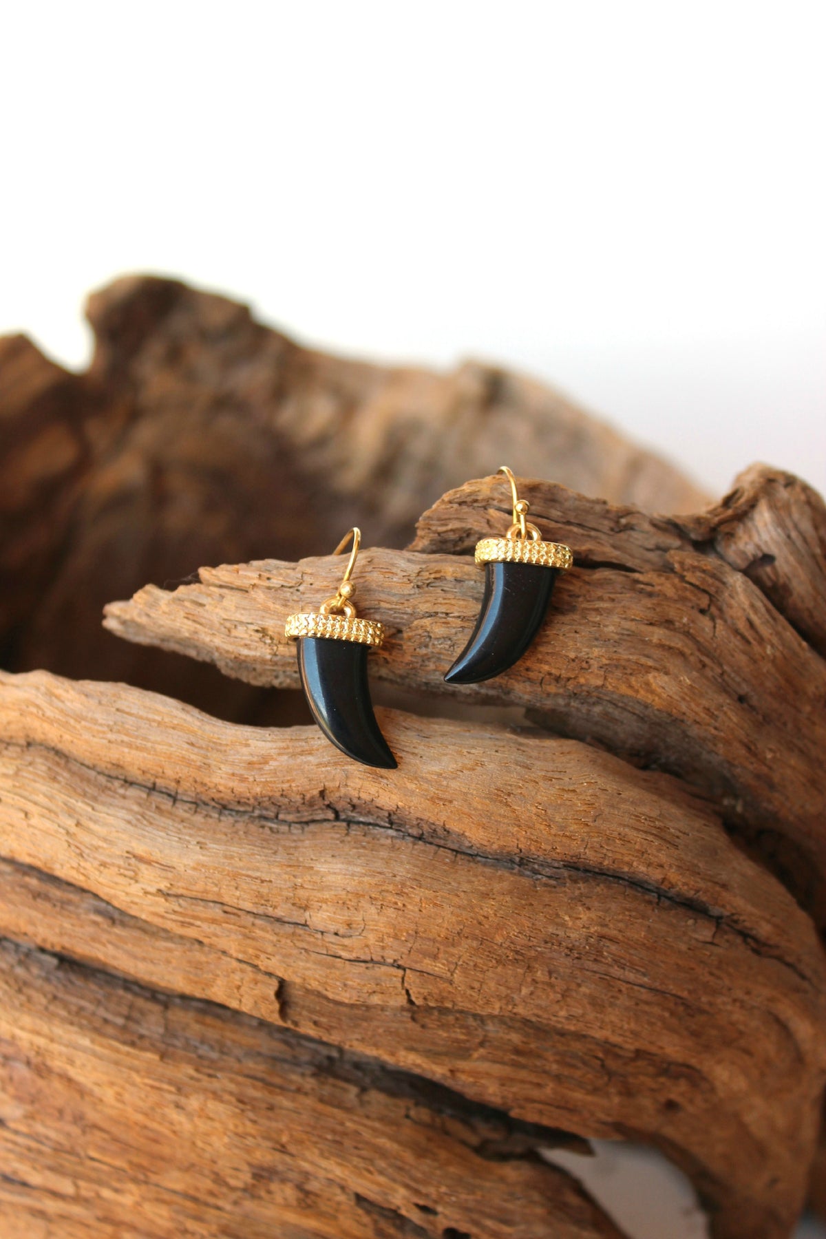 Gold Capped Horn Earrings, Black