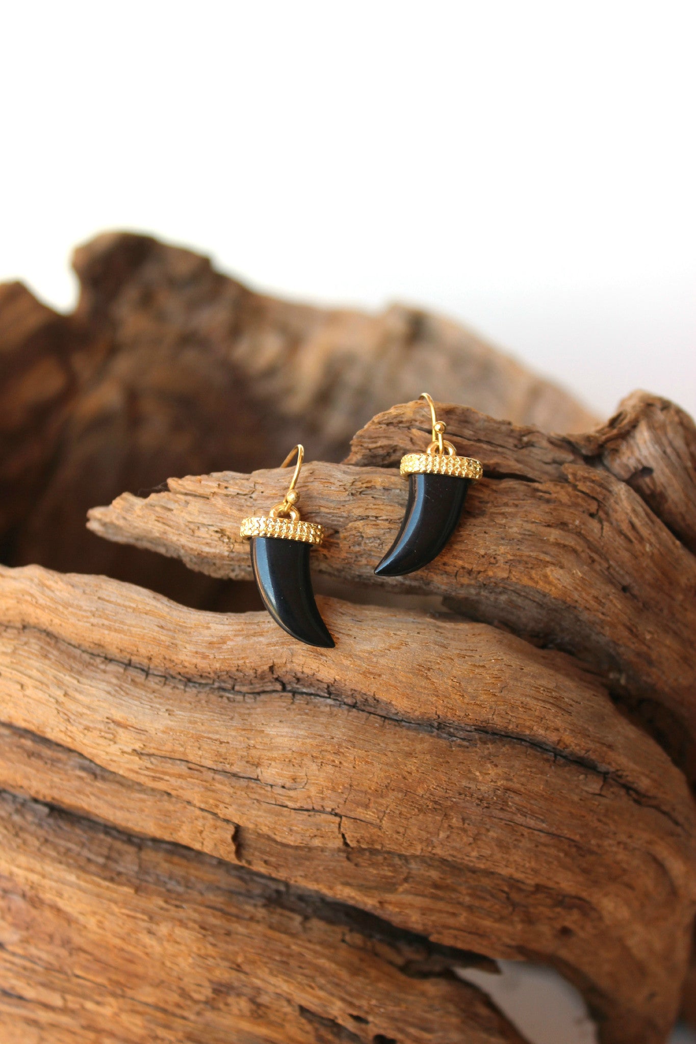 Gold Capped Horn Earrings, Black