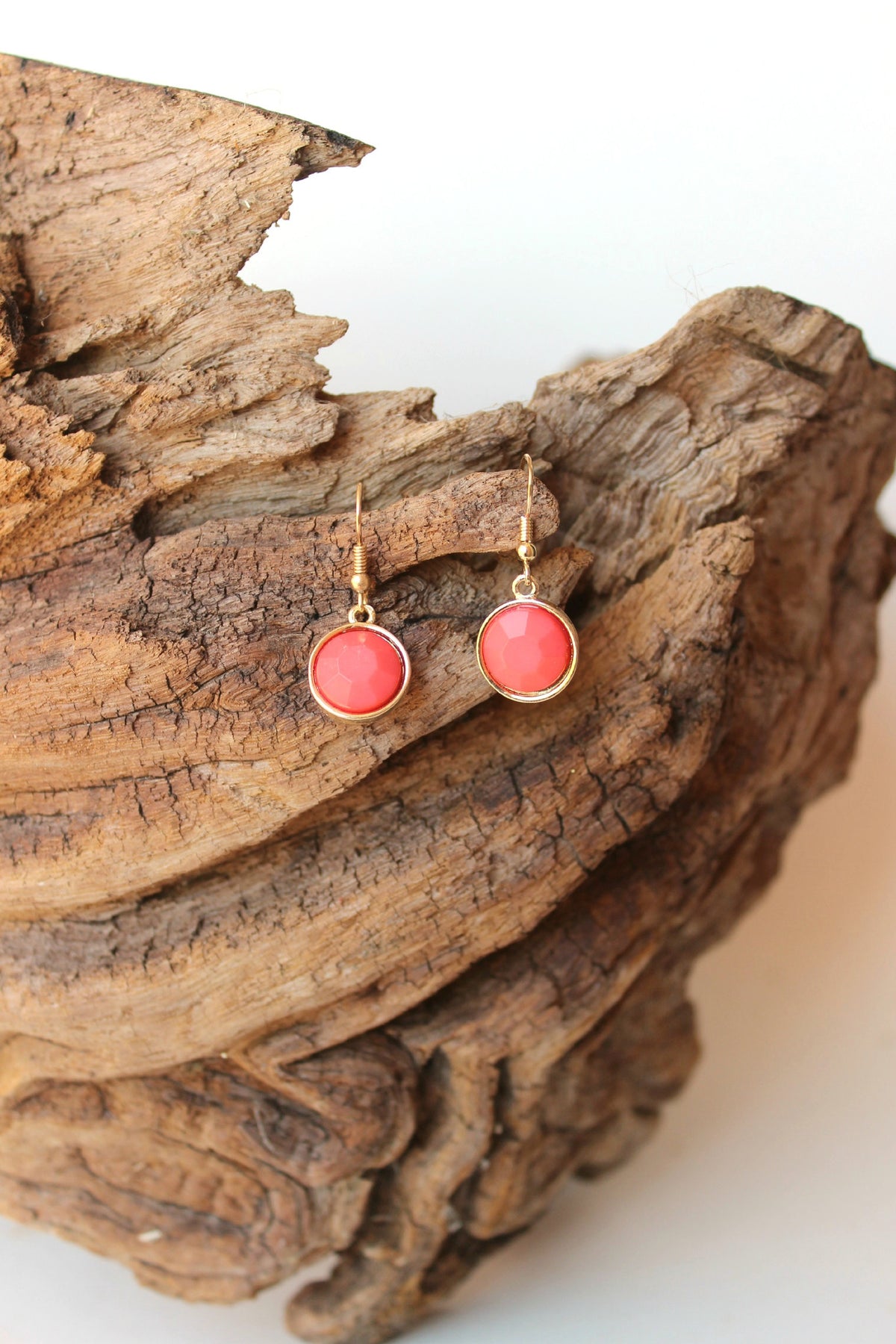 Round Faceted Earrings, Coral