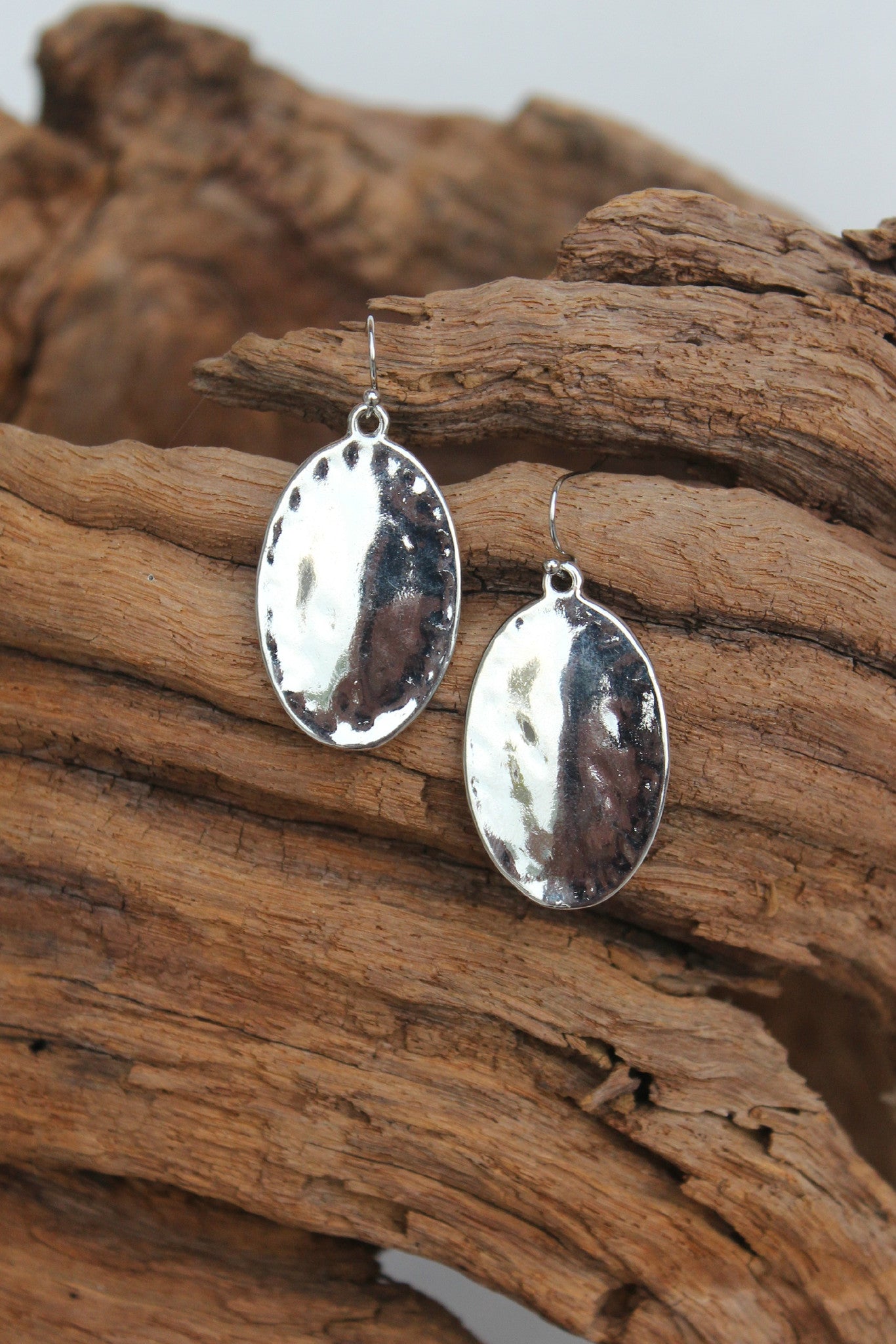 Hammered Oval Earrings, Silver