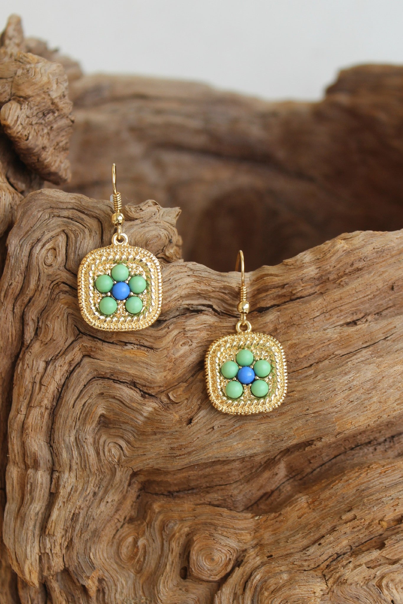 Beaded and Embossed Square Earrings, Multi