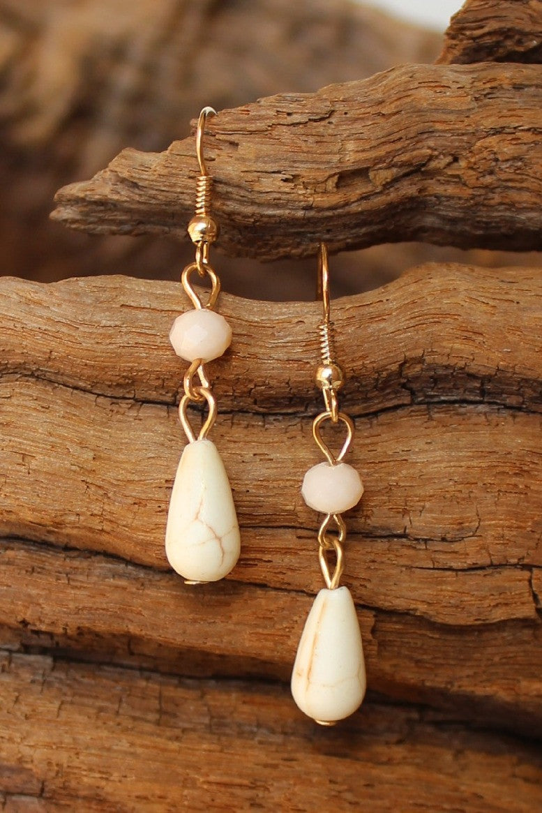 Teardrop Stone and Bead Earrings, Natural