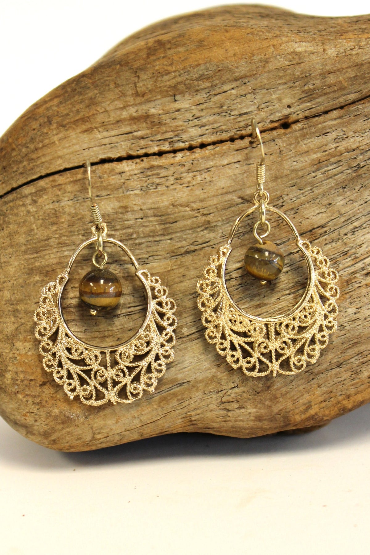 Filigree Earrings with Bead, Gold