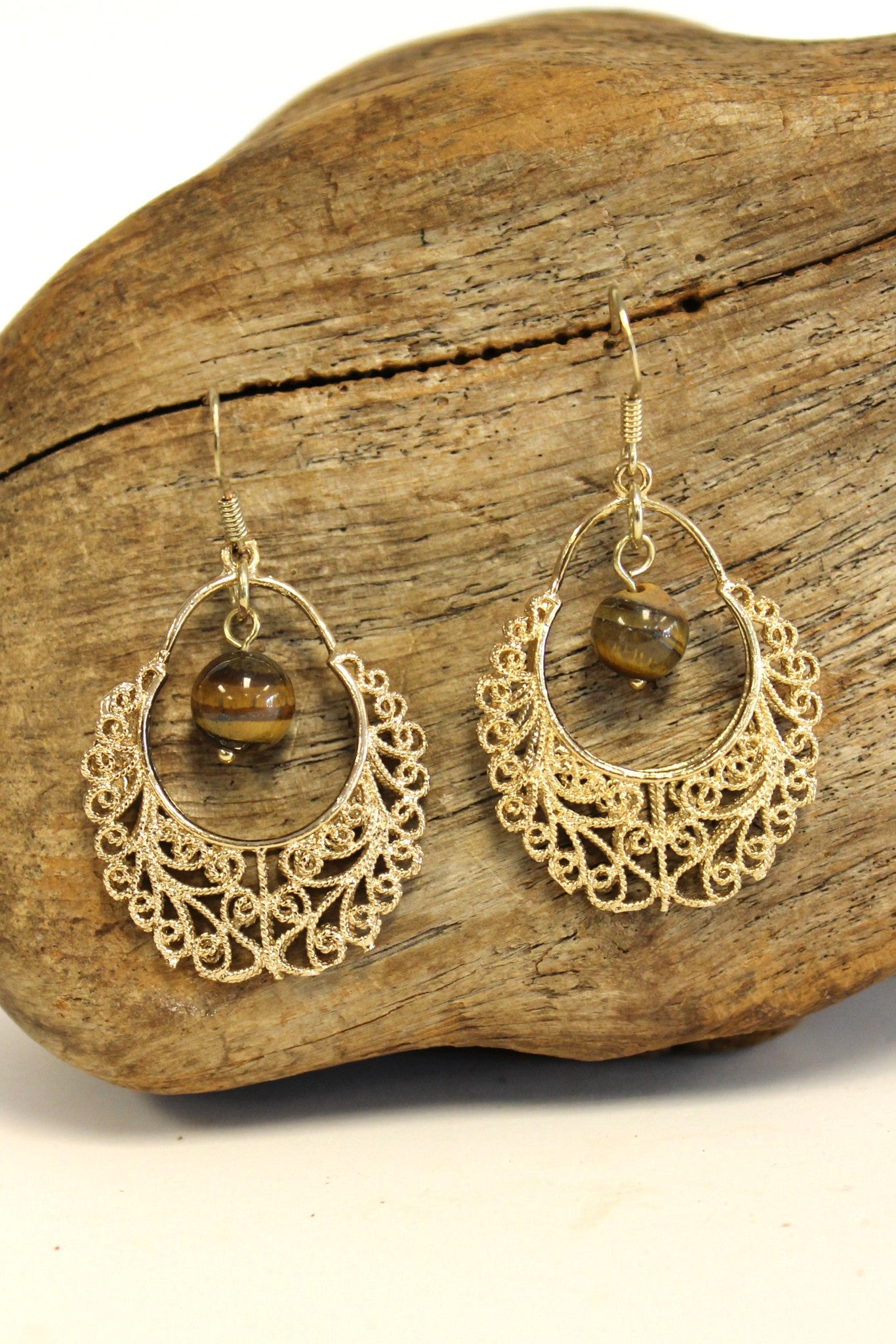 Filigree Earrings with Bead, Gold - Elise