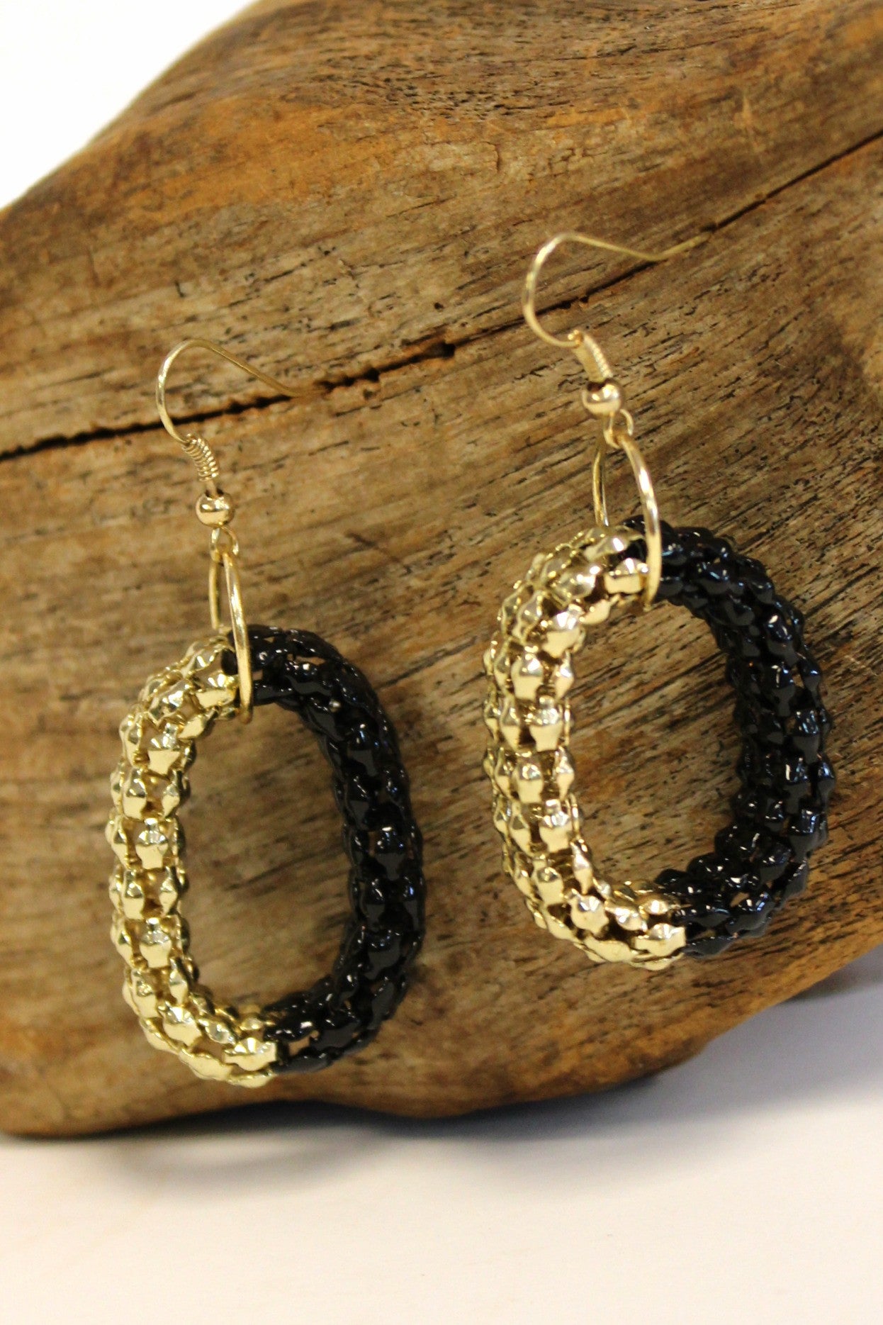 Oval Mesh Earrings, Black and Gold