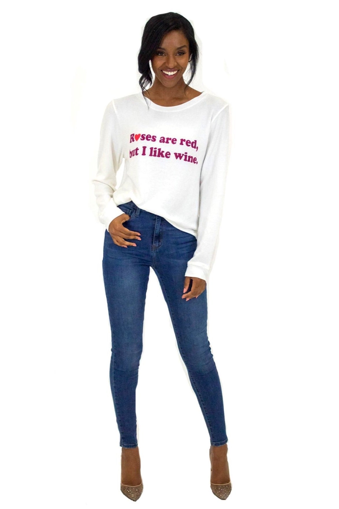 Judith March: "Roses Are Red" Fuzzy Pullover, White