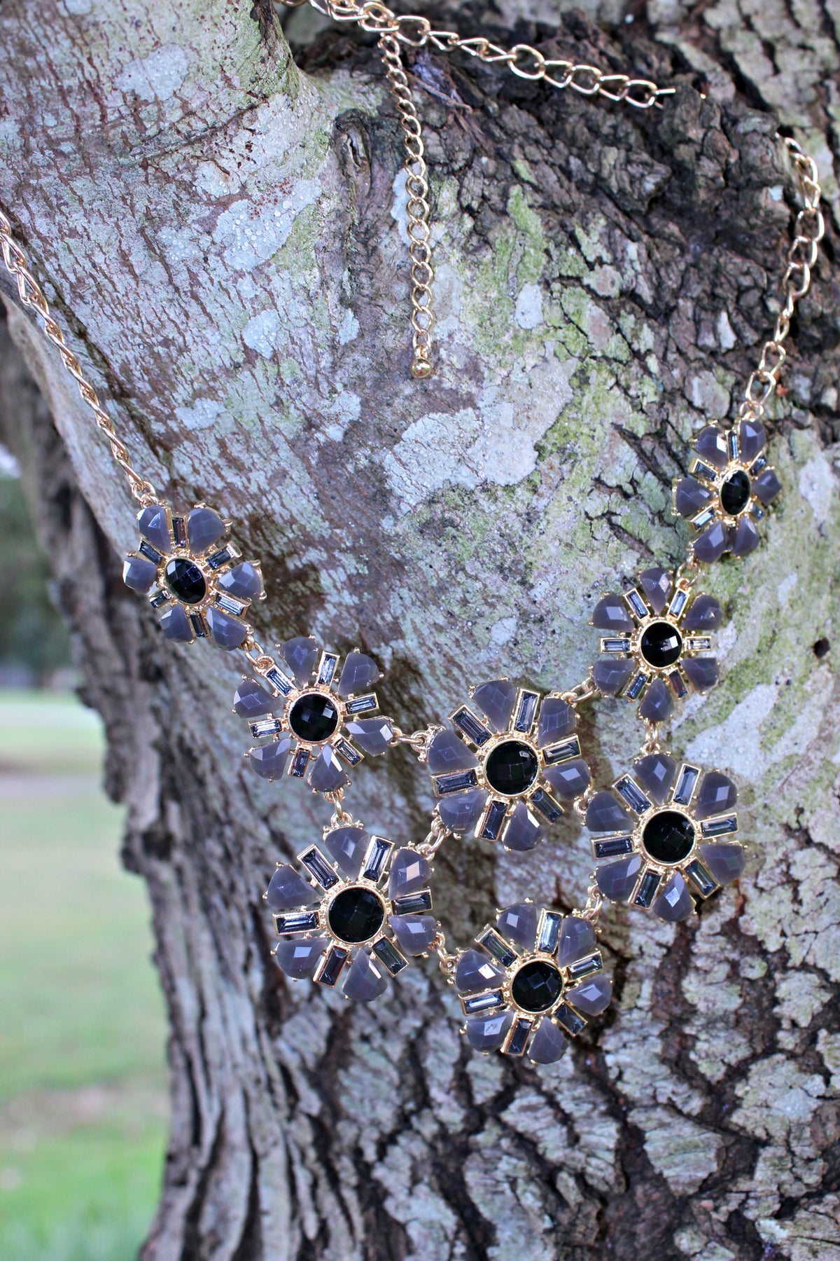 Flower Bib Necklace, Gray