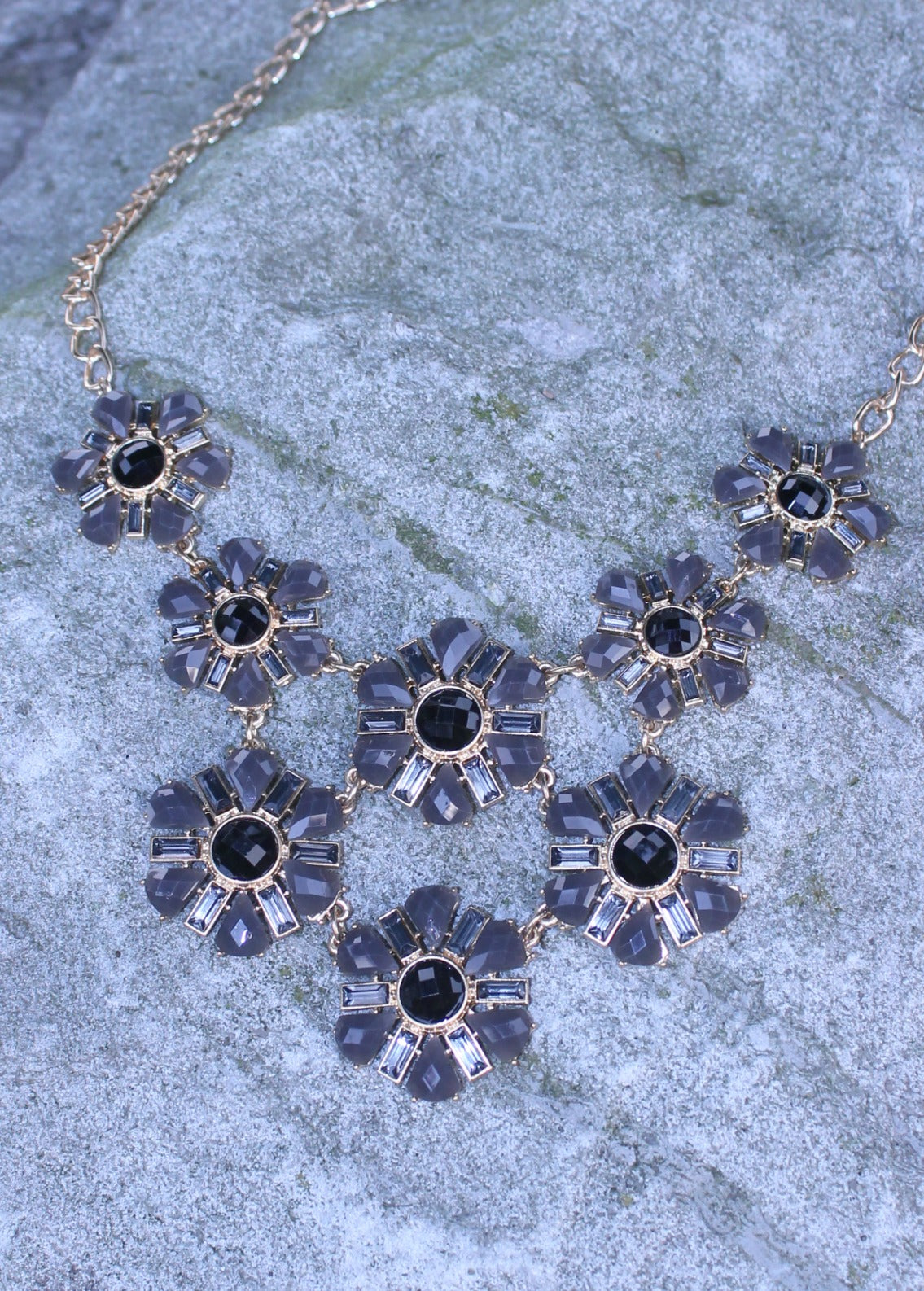 Flower Bib Necklace, Gray