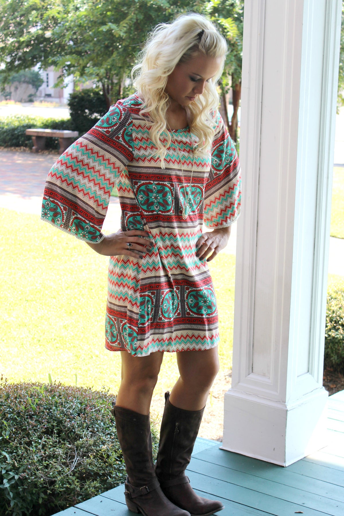 Tabitha Dress, Green/Coral