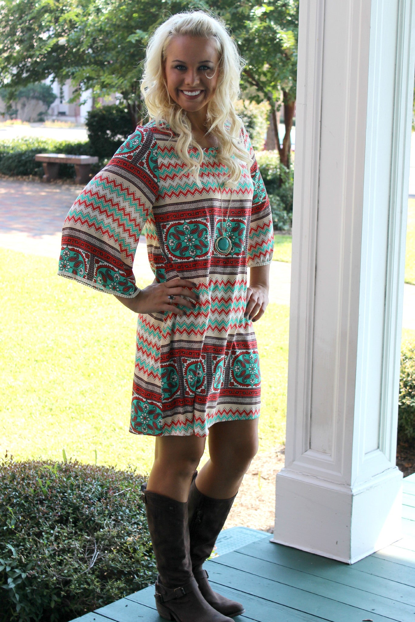 Tabitha Dress, Green/Coral