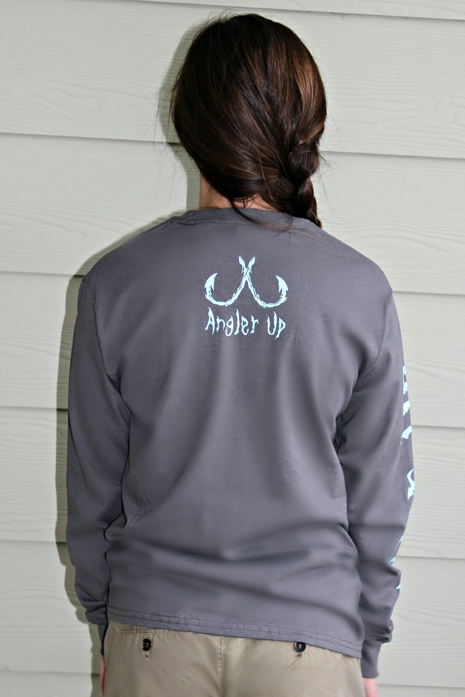 Angler Up: Men's Long Sleeve Tee, Gray/Blue