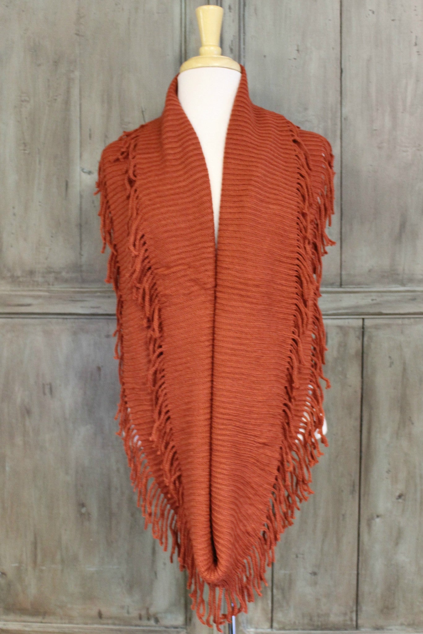 Ribbed Infinity Scarf with Fringe, Rust