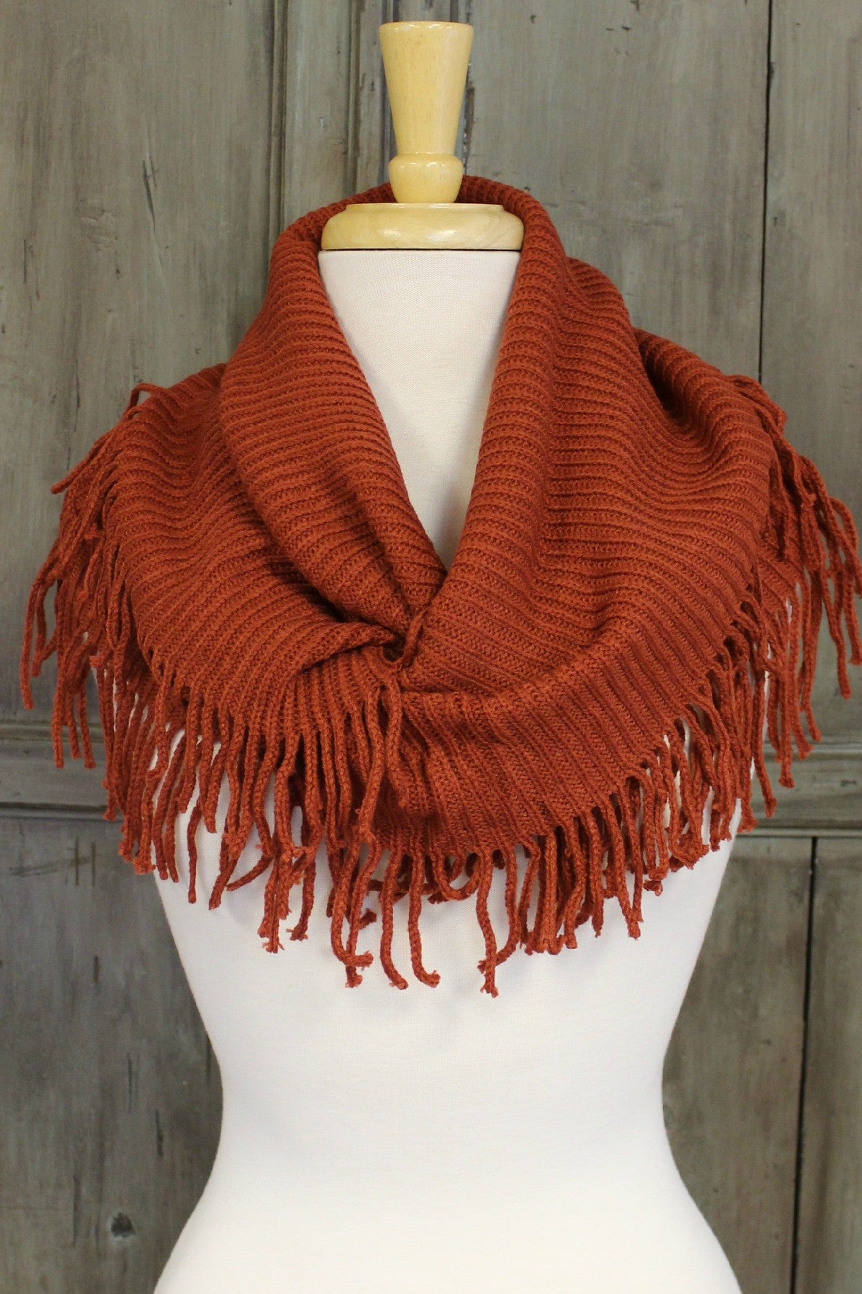 Ribbed Infinity Scarf with Fringe, Rust