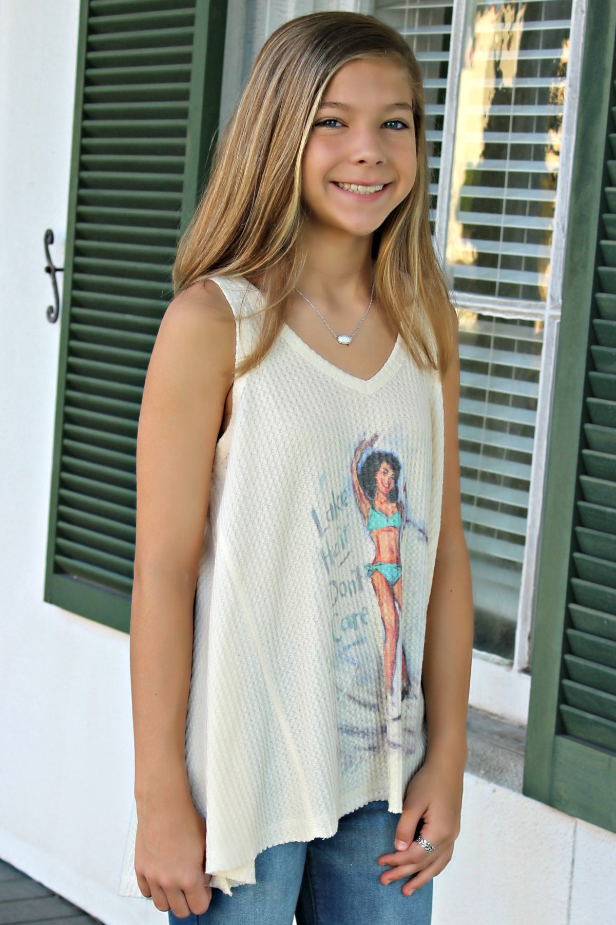 Judith March: Lake Hair Don&#39;t Care Waffle Tank, Ivory