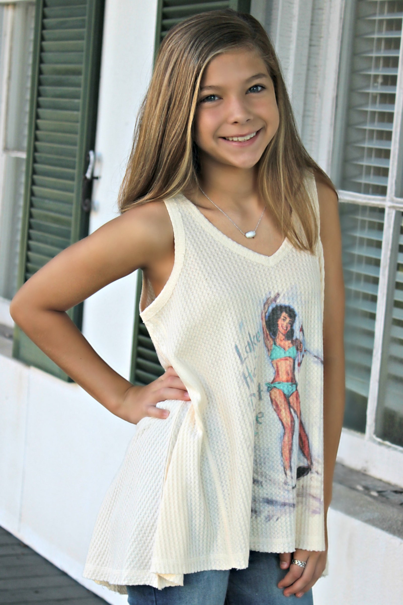 Judith March: Lake Hair Don't Care Waffle Tank, Ivory