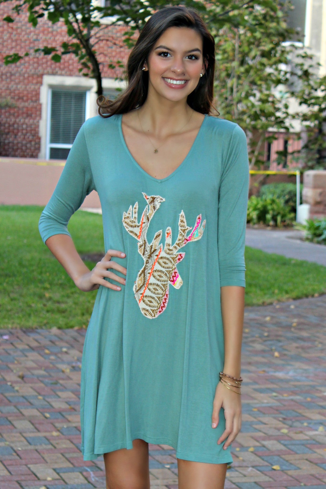Judith March: Deer Applique Dress, Sage