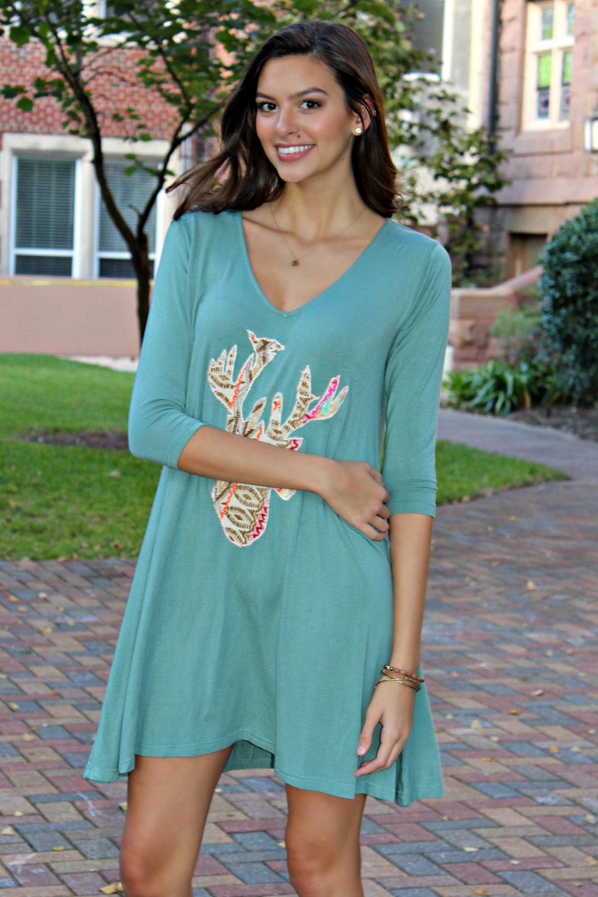Judith March: Deer Applique Dress, Sage