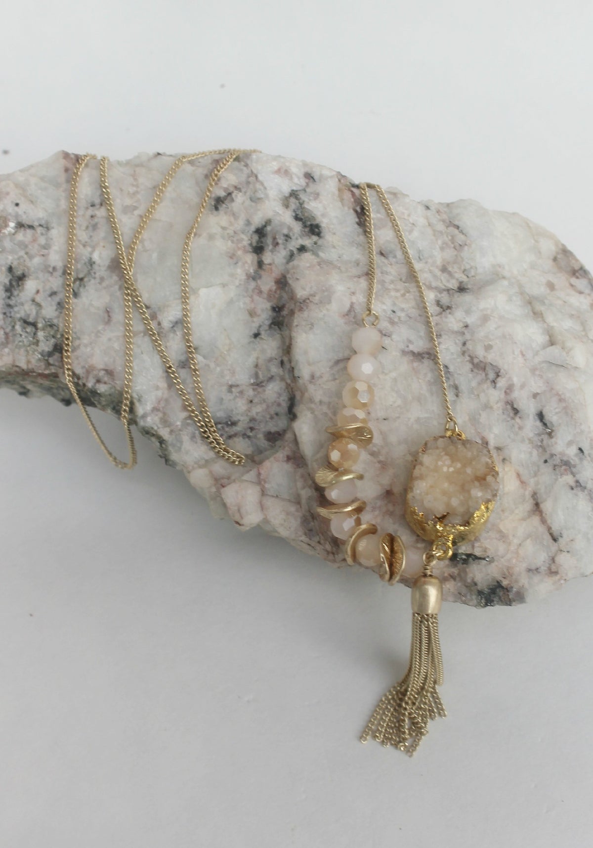 Druzy Stone with Tassel Necklace, Peach