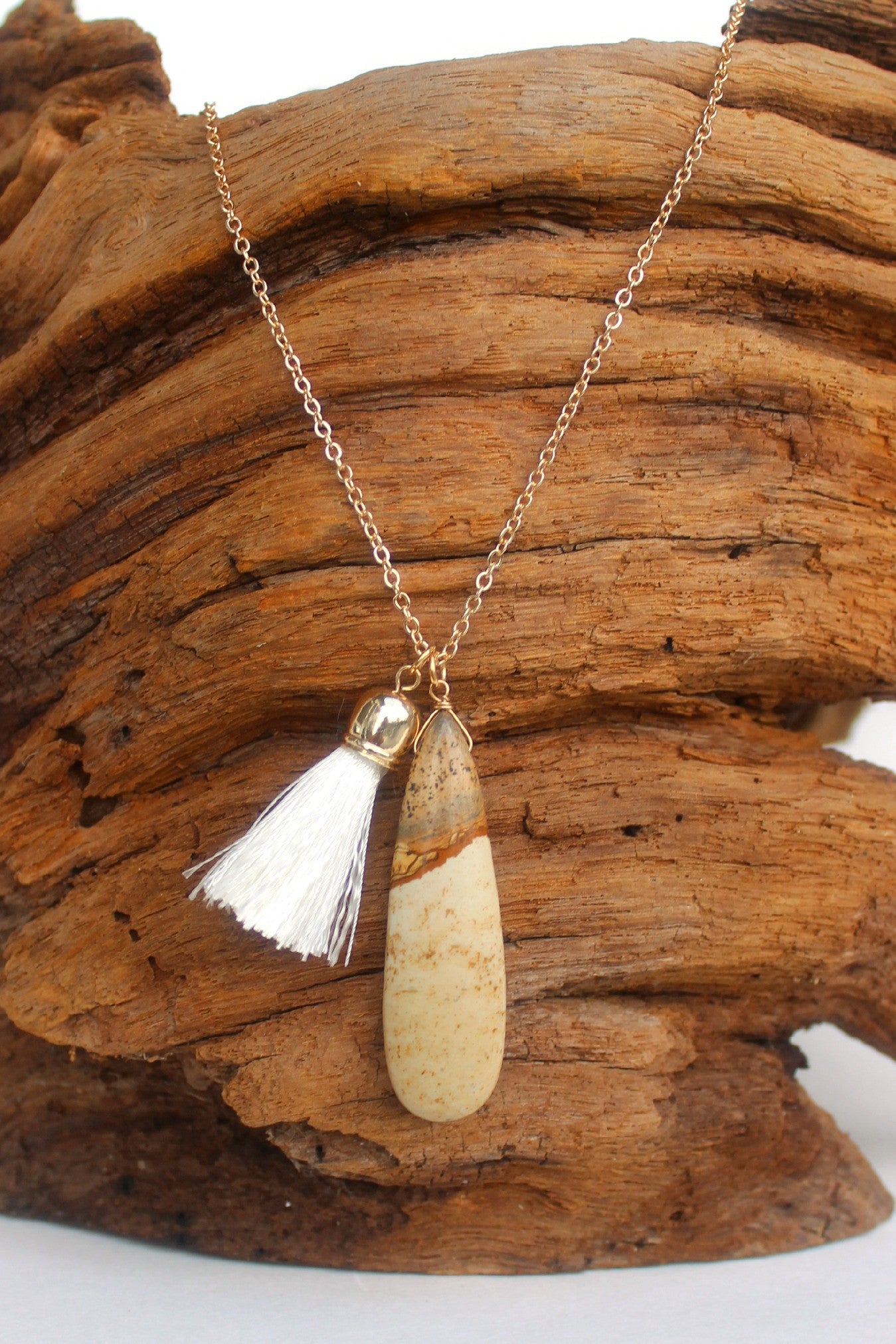 Oval Stone with Tassel Necklace, Natural