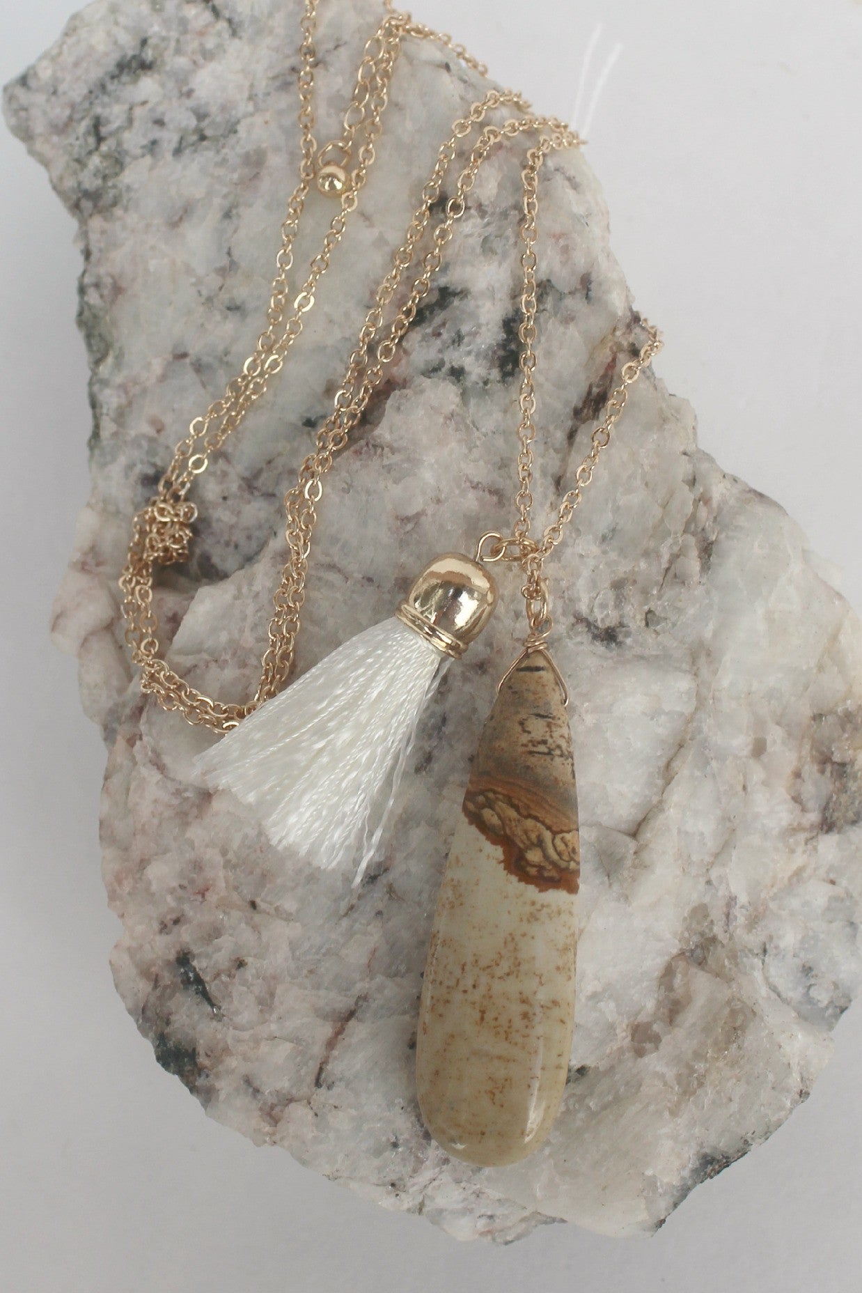 Oval Stone with Tassel Necklace, Natural