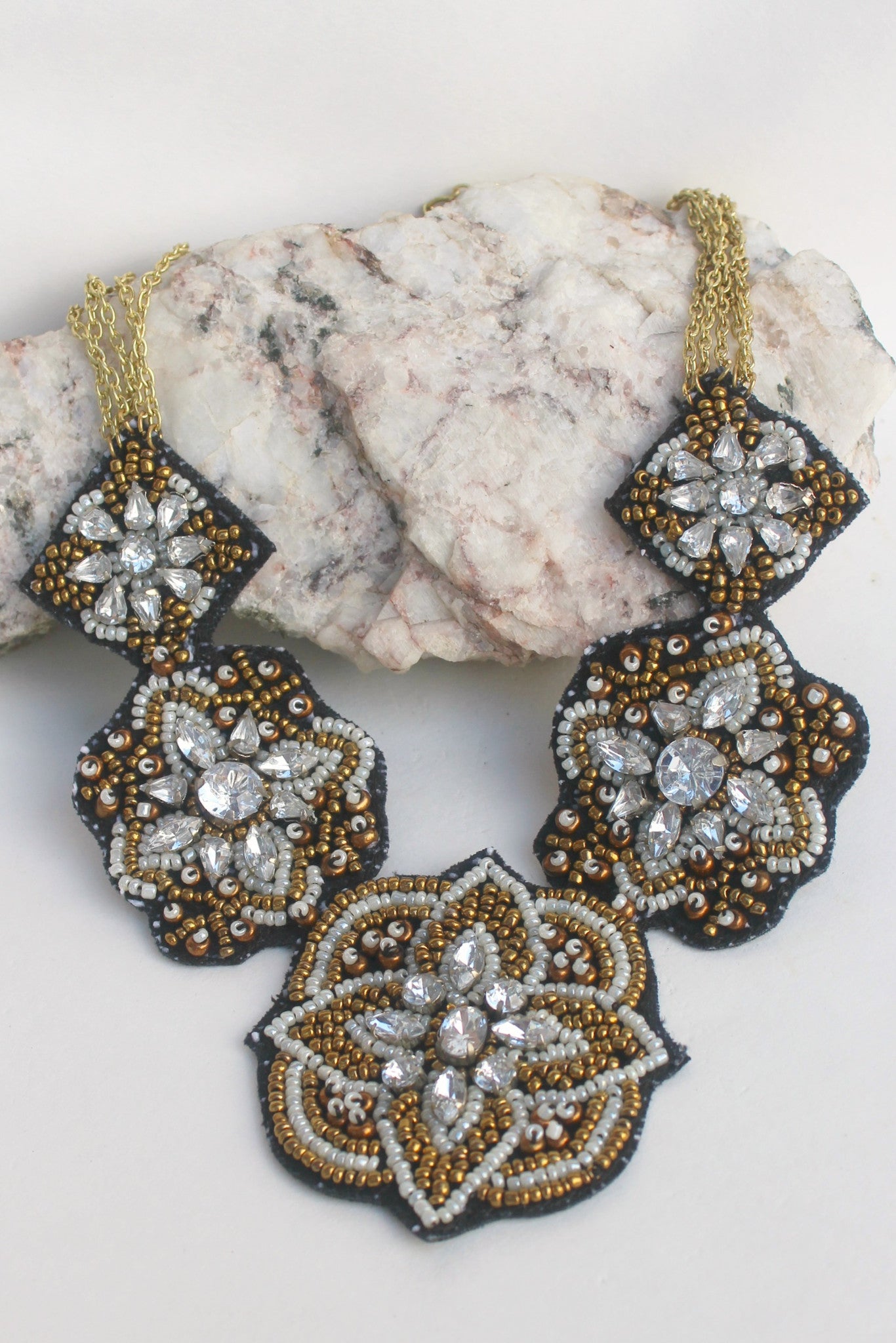 Embroidered Beaded Bib Necklace, Black