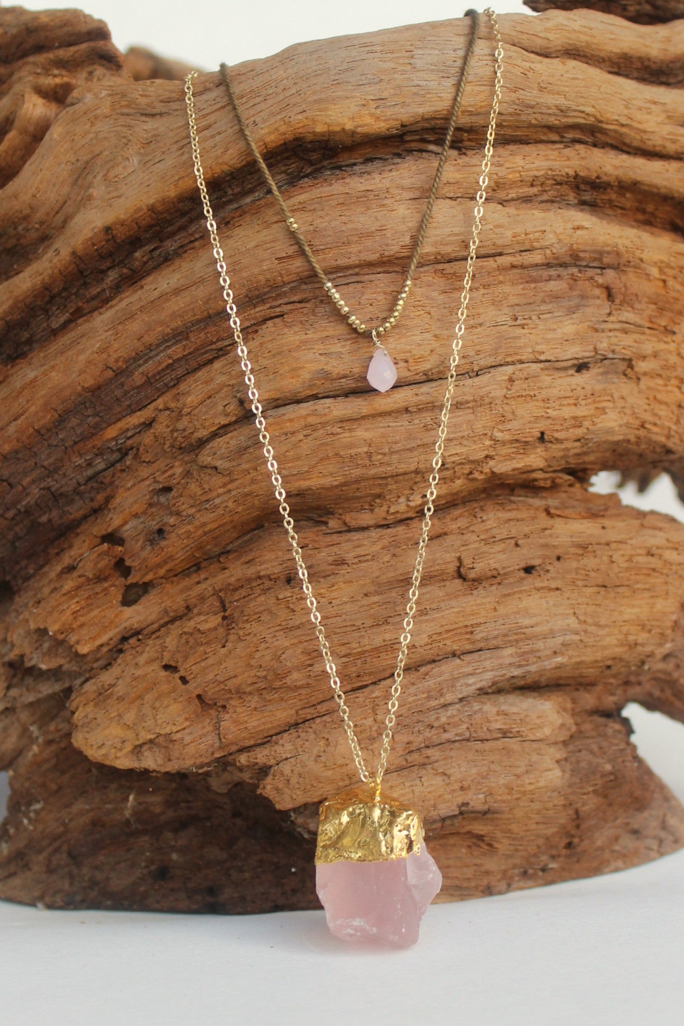 Layered Rose Quartz Pendant Necklace, Pink