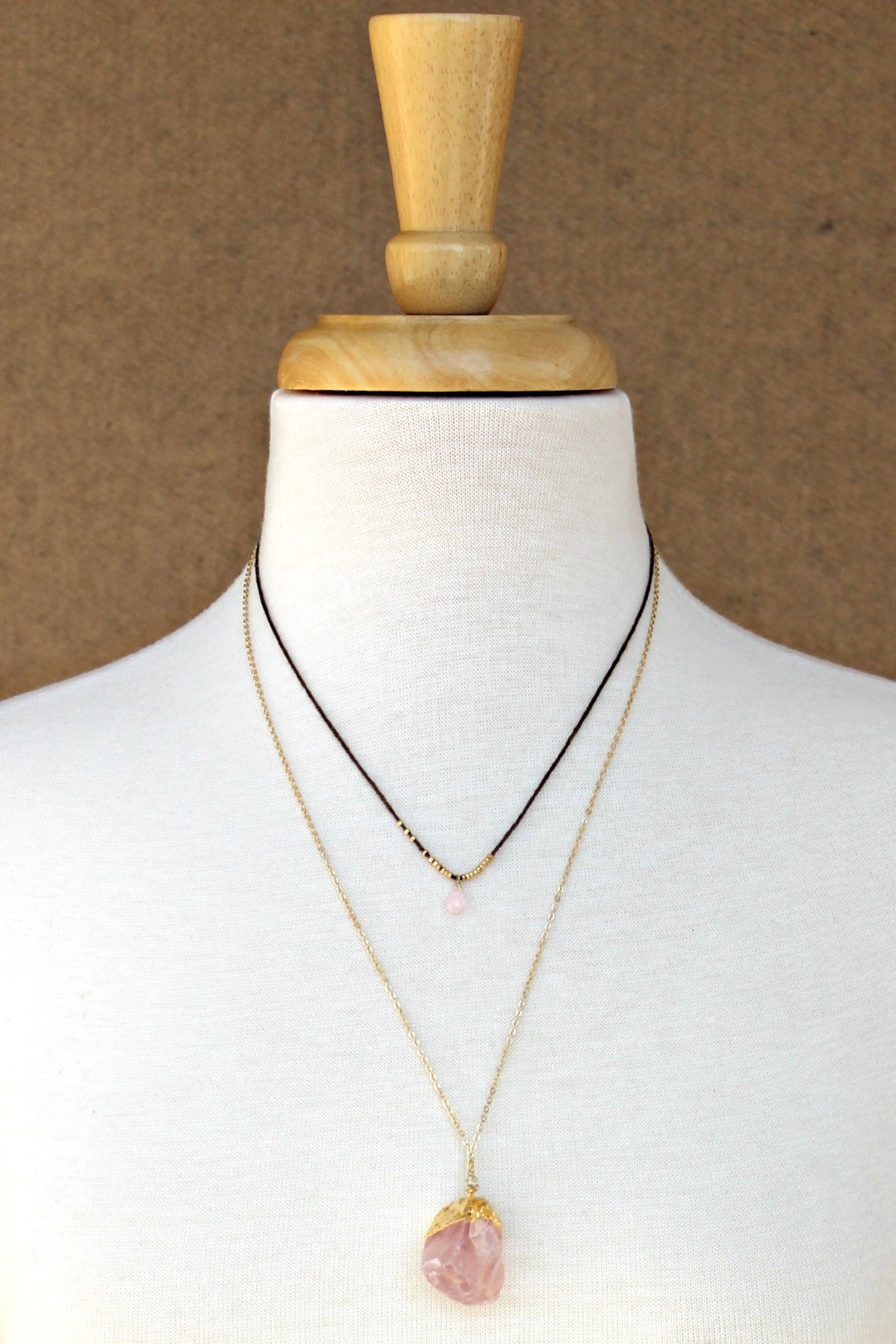 Layered Rose Quartz Pendant Necklace, Pink