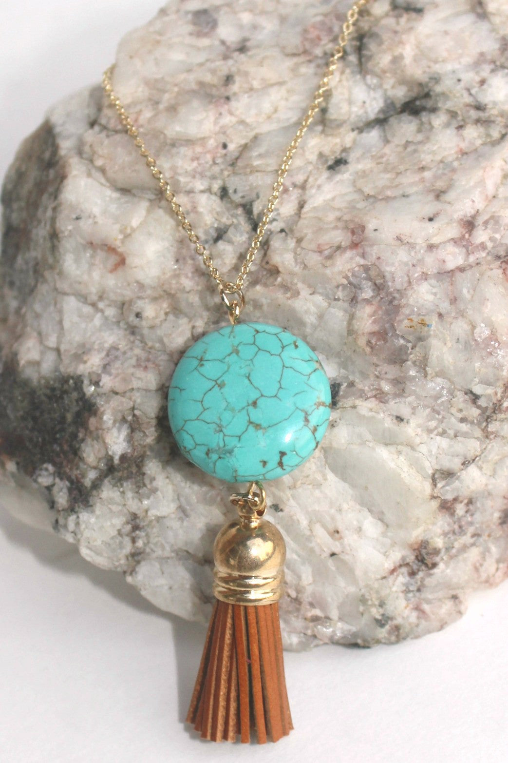 Round Stone and Tassel Pendant Necklace, Turquoise