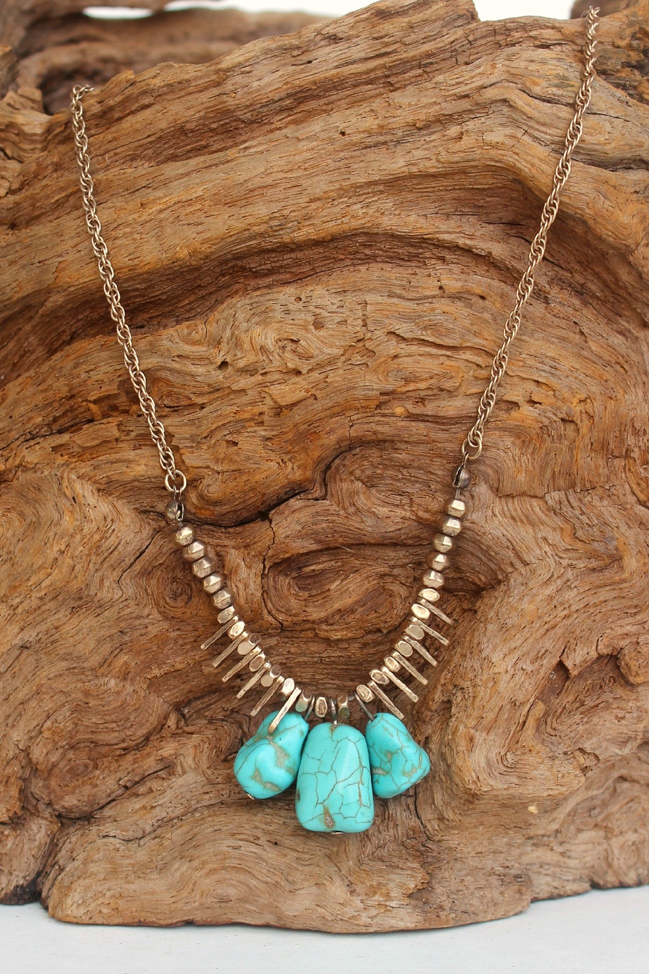 Nugget and Metal Bars Link Necklace, Turquoise