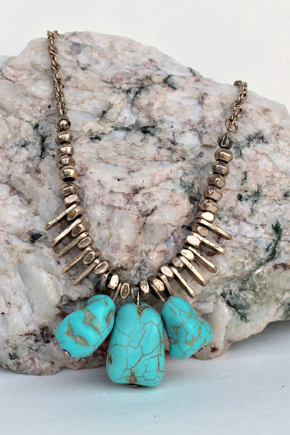 Nugget and Metal Bars Link Necklace, Turquoise