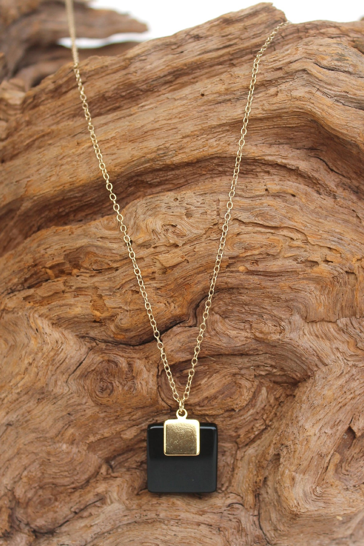 Flat Double Square Pendant Necklace, Black