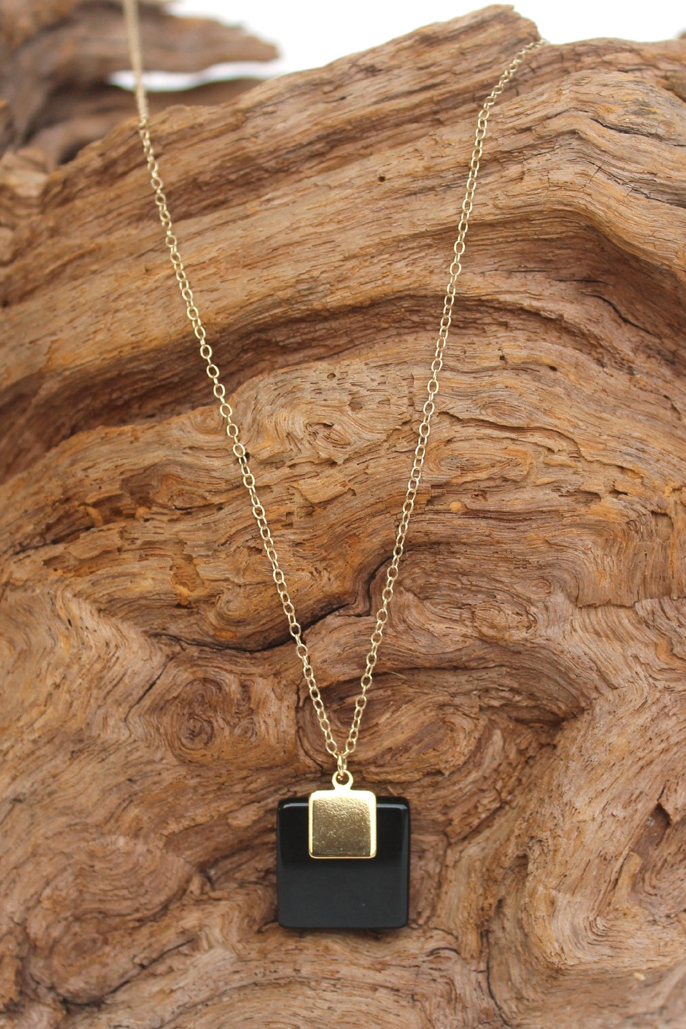 Flat Double Square Pendant Necklace, Black