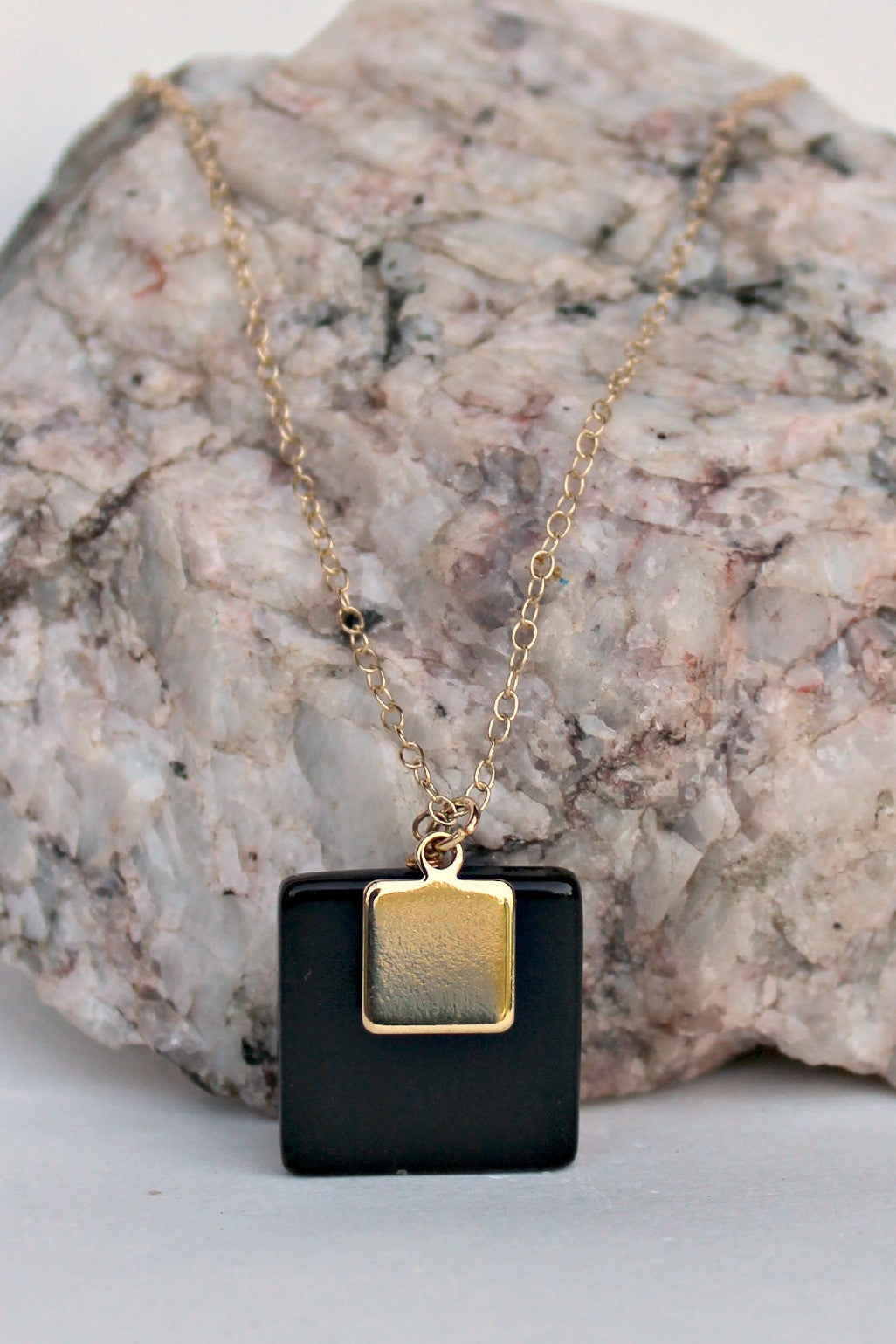 Flat Double Square Pendant Necklace, Black